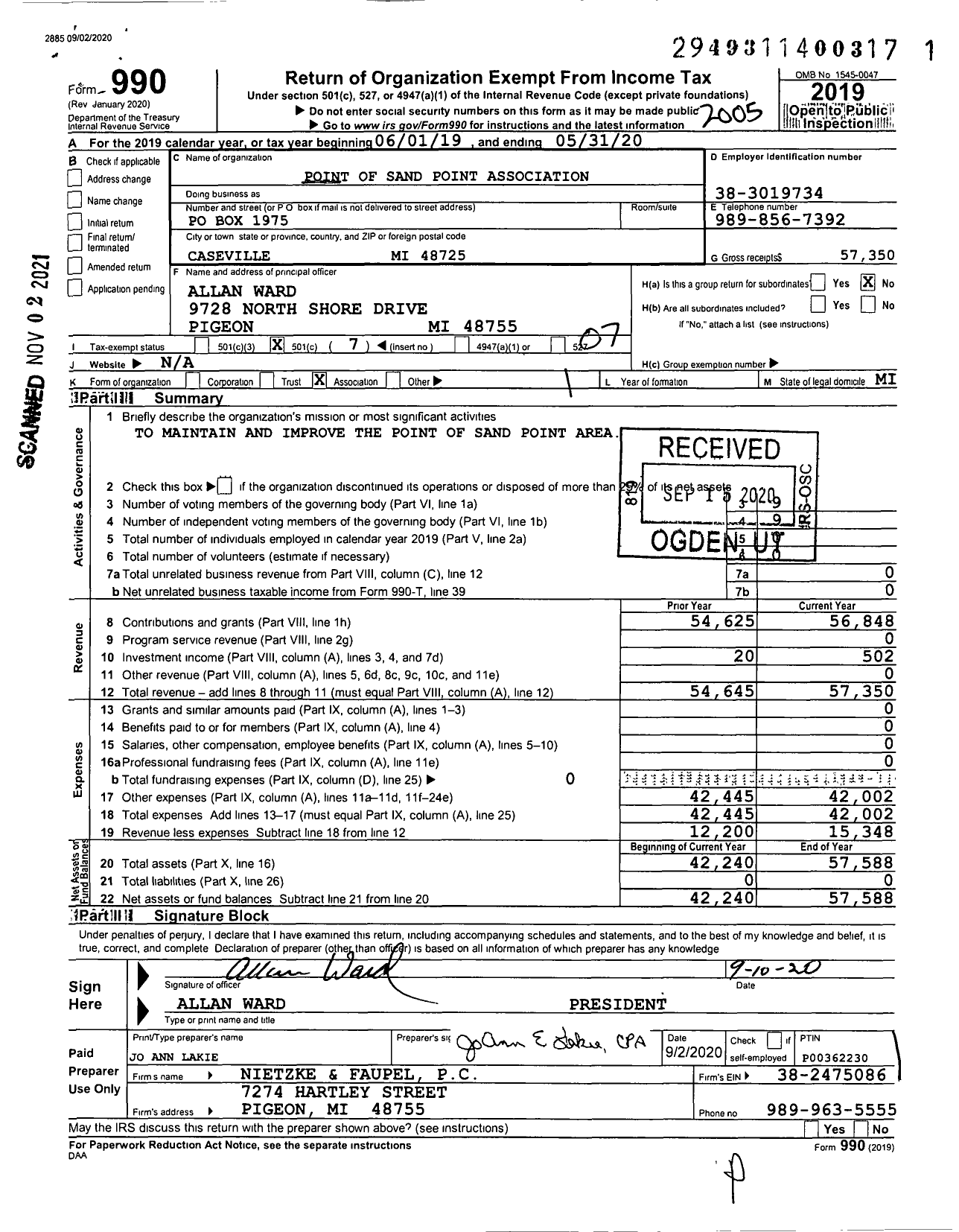 Image of first page of 2019 Form 990O for Point of Sand Point Association