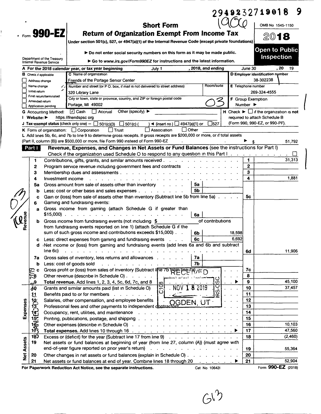 Image of first page of 2018 Form 990EZ for Friends of Portage Senior Center