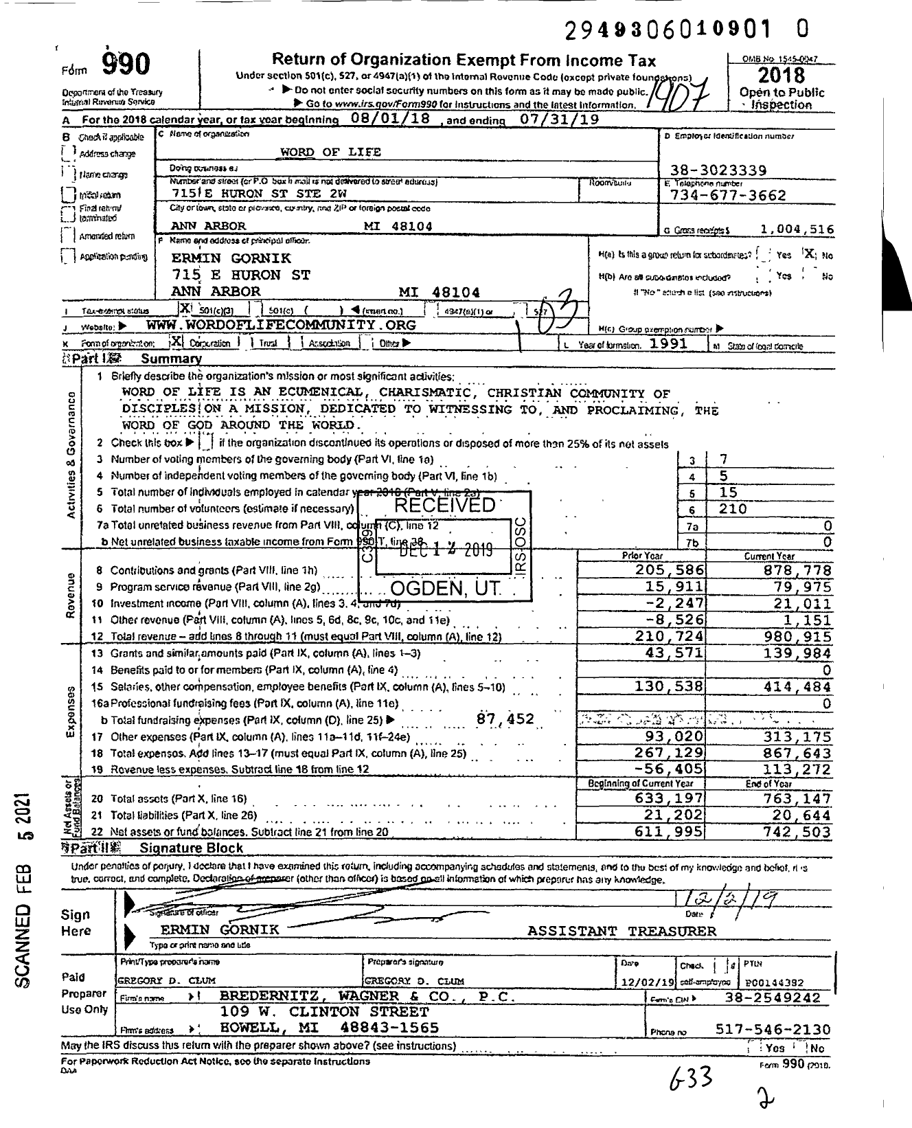 Image of first page of 2018 Form 990 for Word of Life / Washtenaw Covenant Community