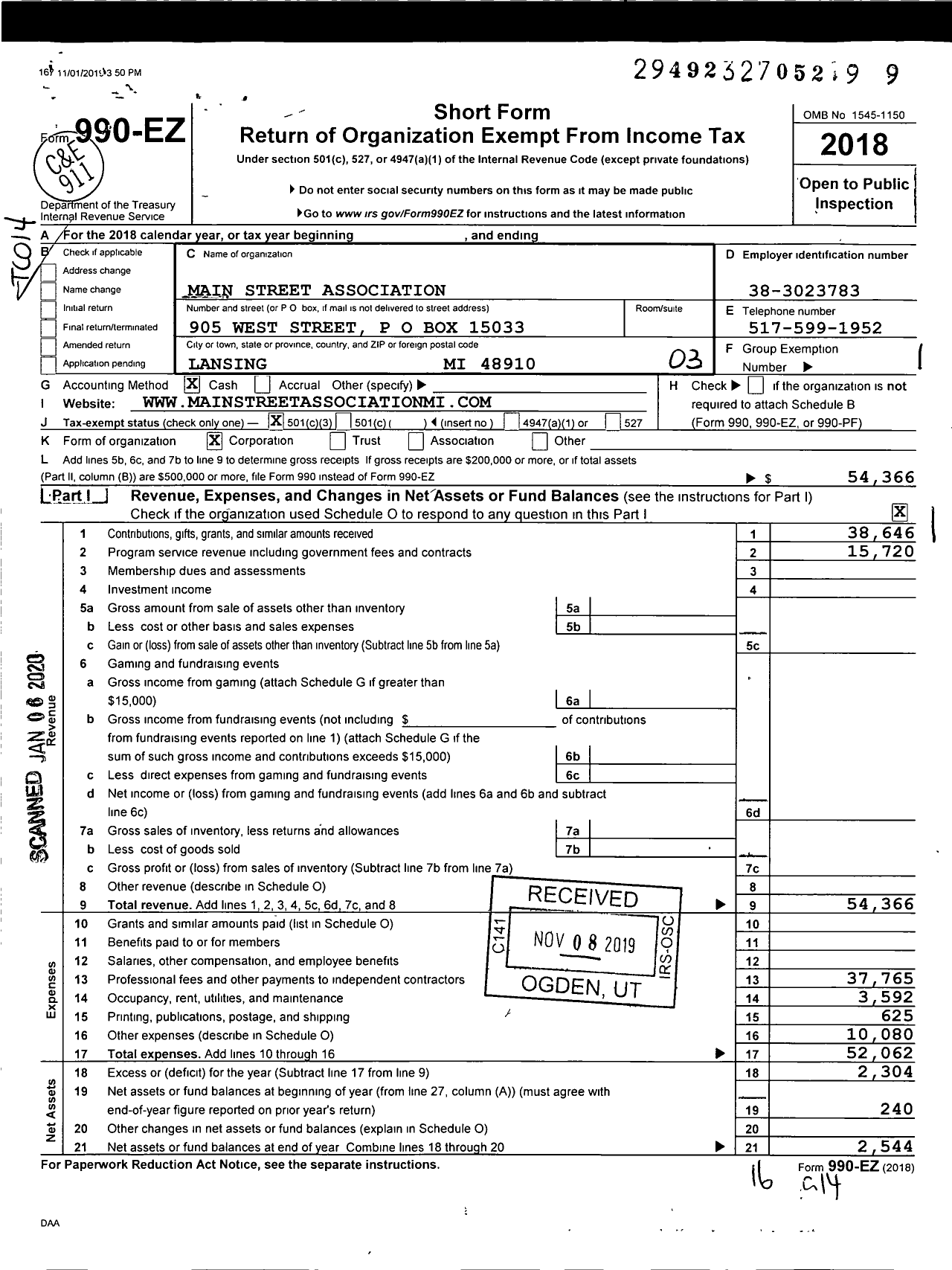 Image of first page of 2018 Form 990EZ for MAIN STreet ASSOCIATION