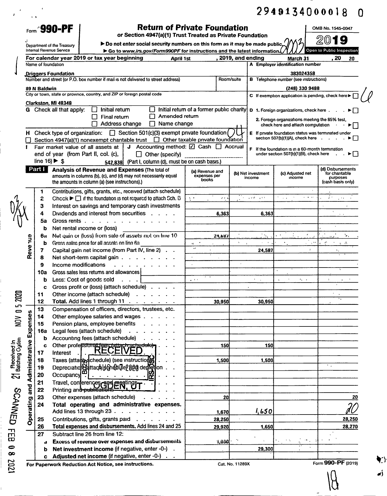 Image of first page of 2019 Form 990PF for Driggers Foundation