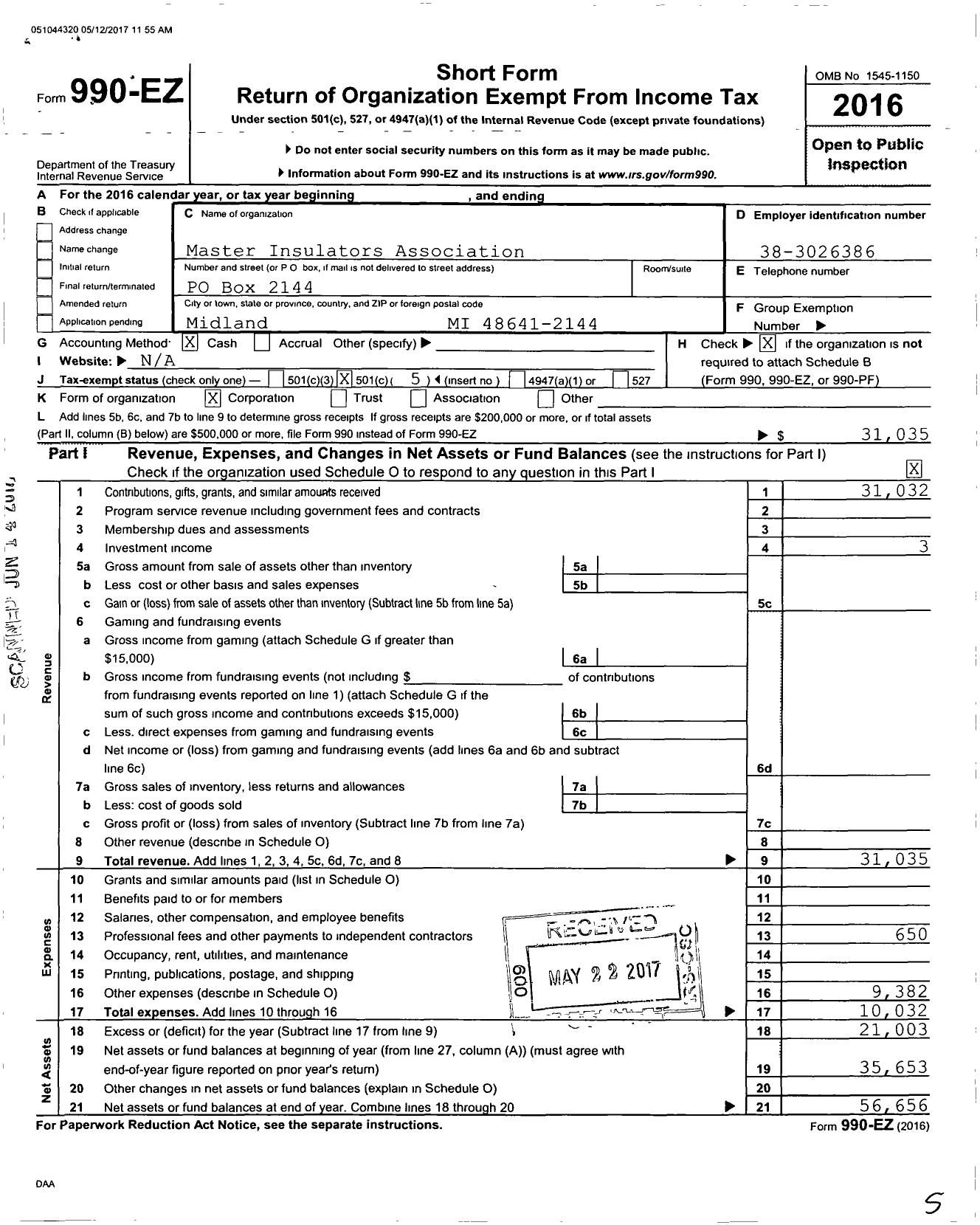 Image of first page of 2016 Form 990EO for Master Insulators Association