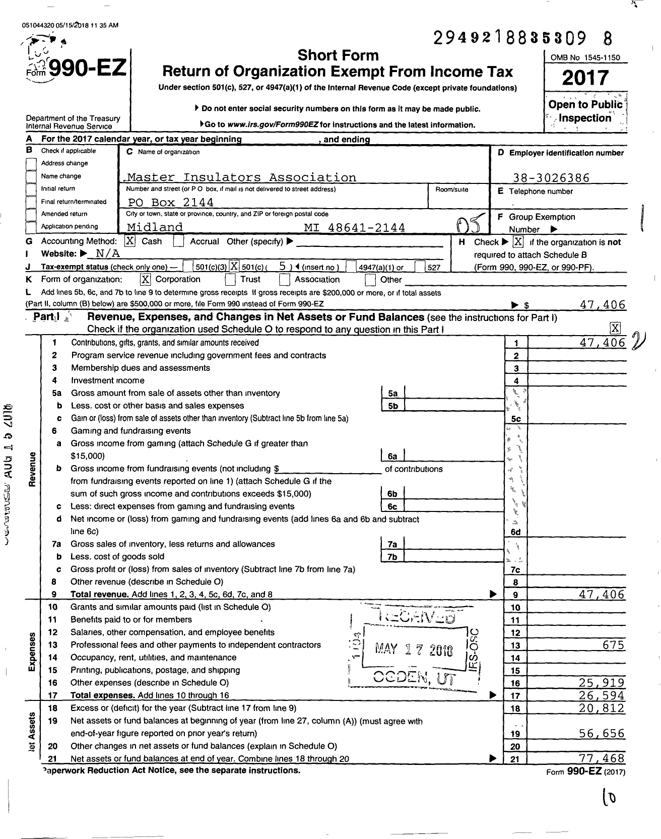 Image of first page of 2017 Form 990EO for Master Insulators Association