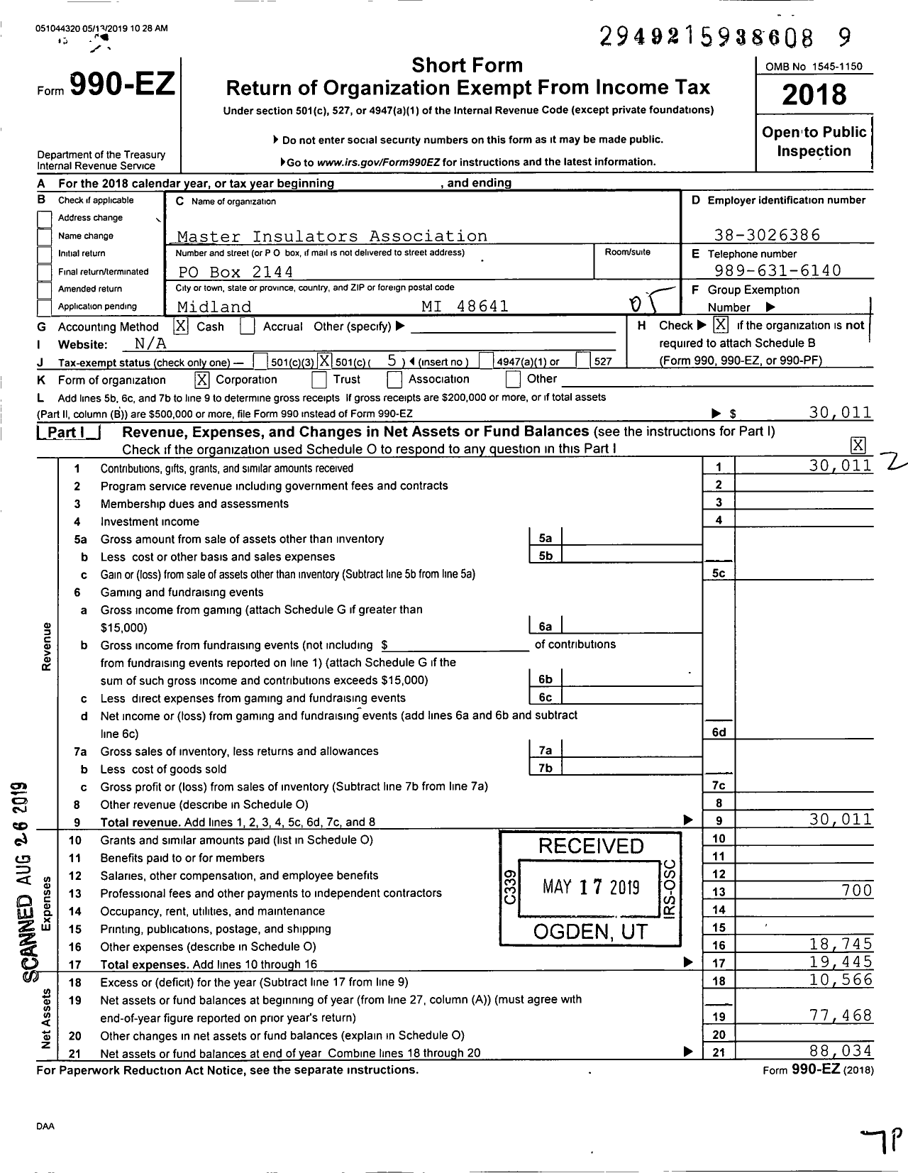 Image of first page of 2018 Form 990EO for Master Insulators Association