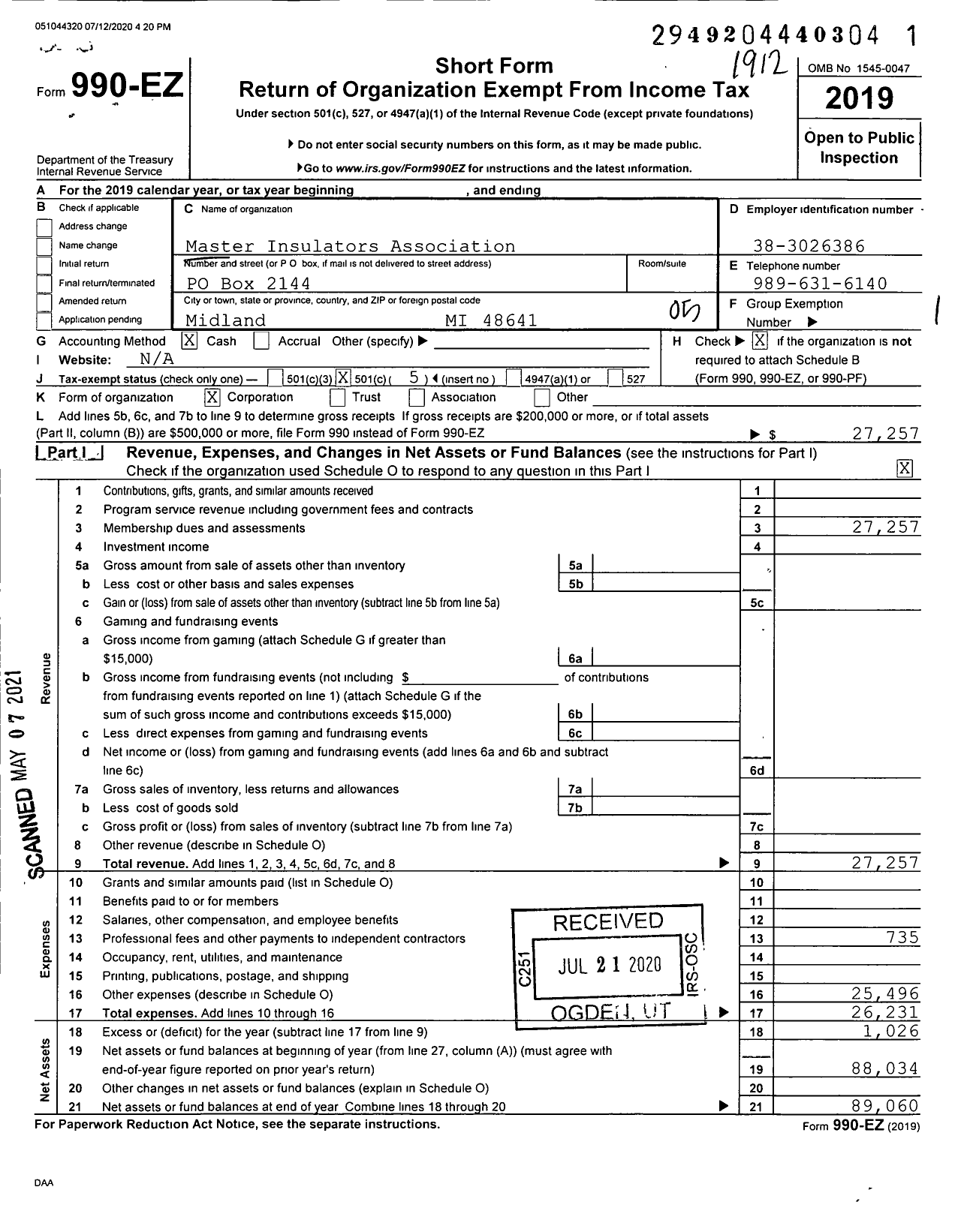 Image of first page of 2019 Form 990EO for Master Insulators Association