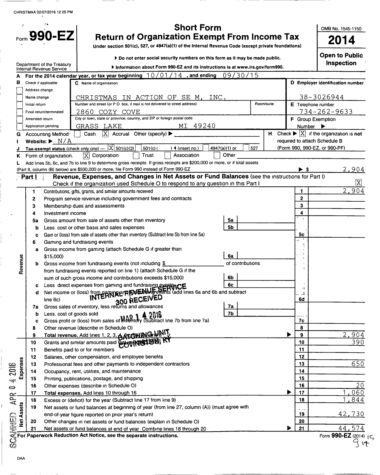 Image of first page of 2014 Form 990EZ for Christmas in Action of Se Mi