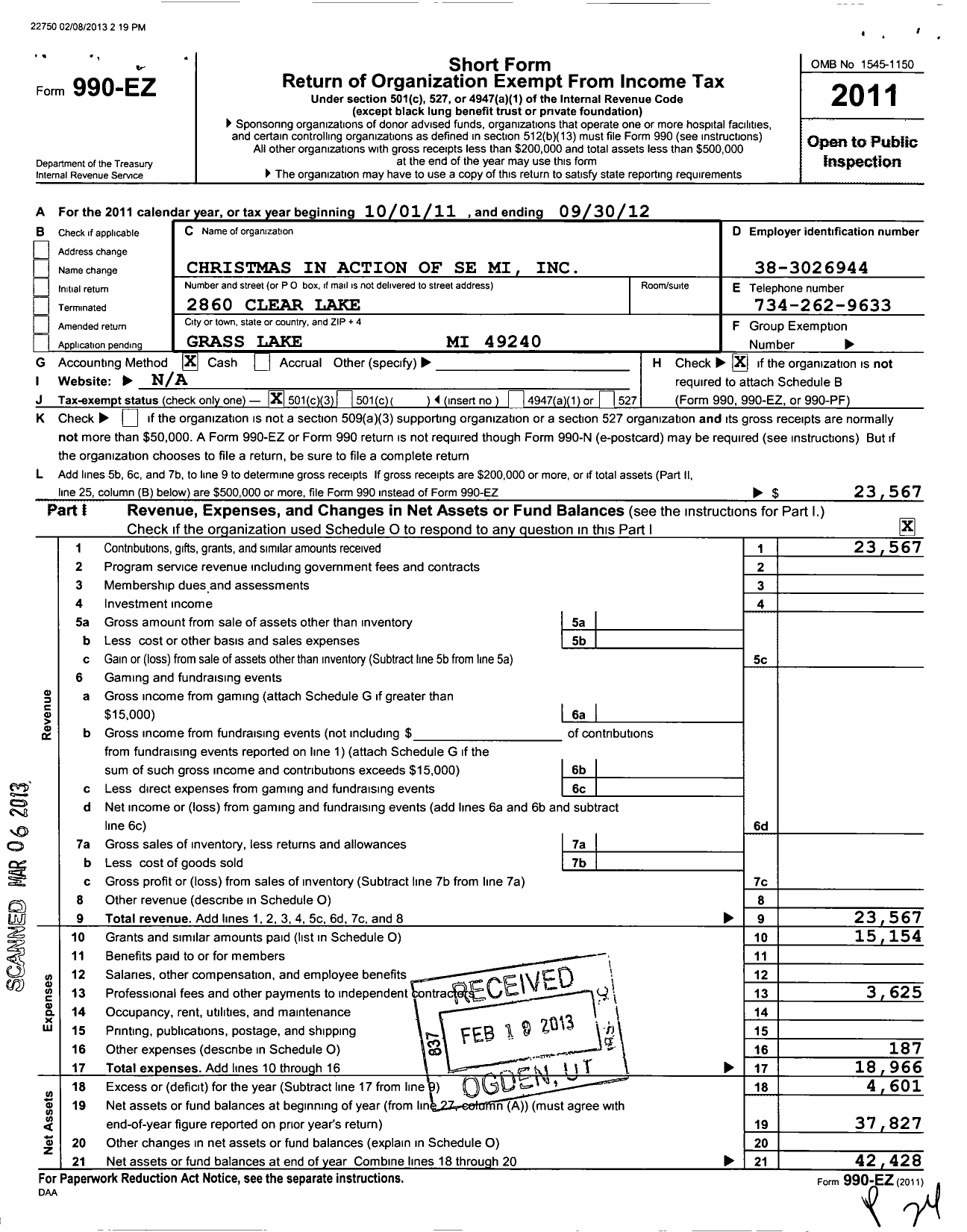 Image of first page of 2011 Form 990EZ for Christmas in Action of Se Mi