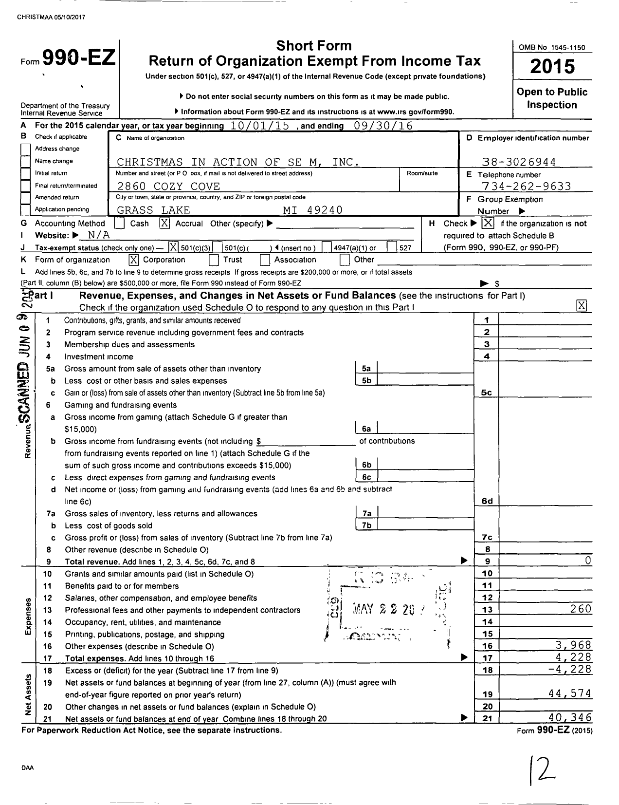 Image of first page of 2015 Form 990EZ for Christmas in Action of Se Mi