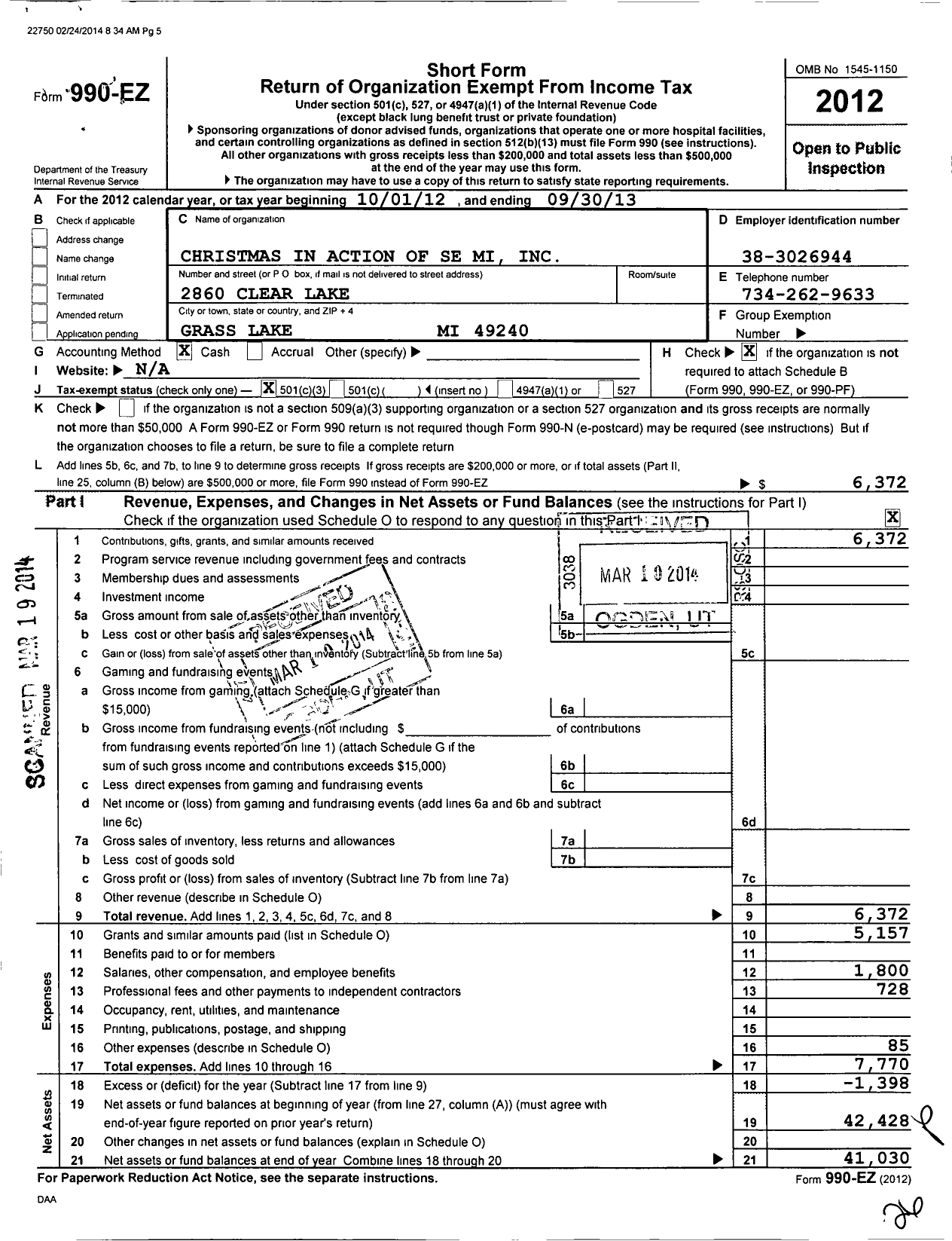 Image of first page of 2012 Form 990EZ for Christmas in Action of Se Mi