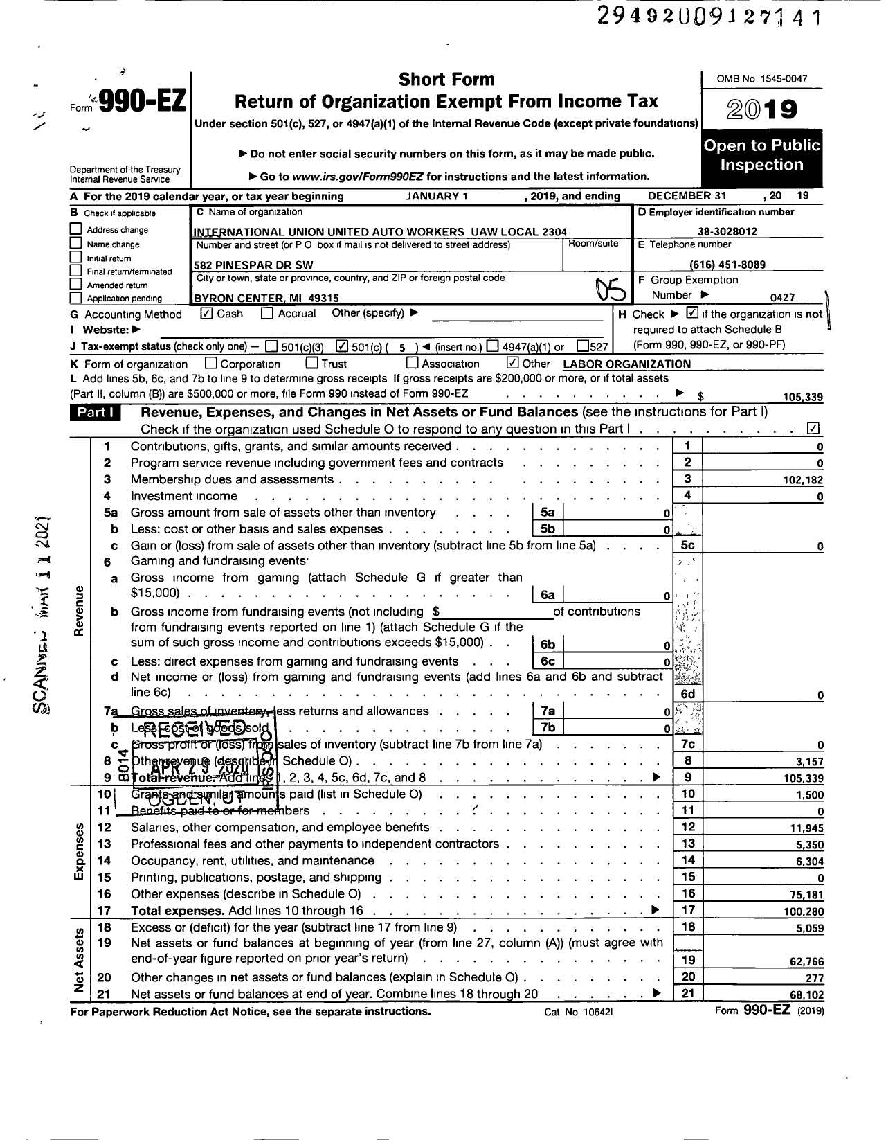 Image of first page of 2019 Form 990EO for UAW - 2304 Local UAW