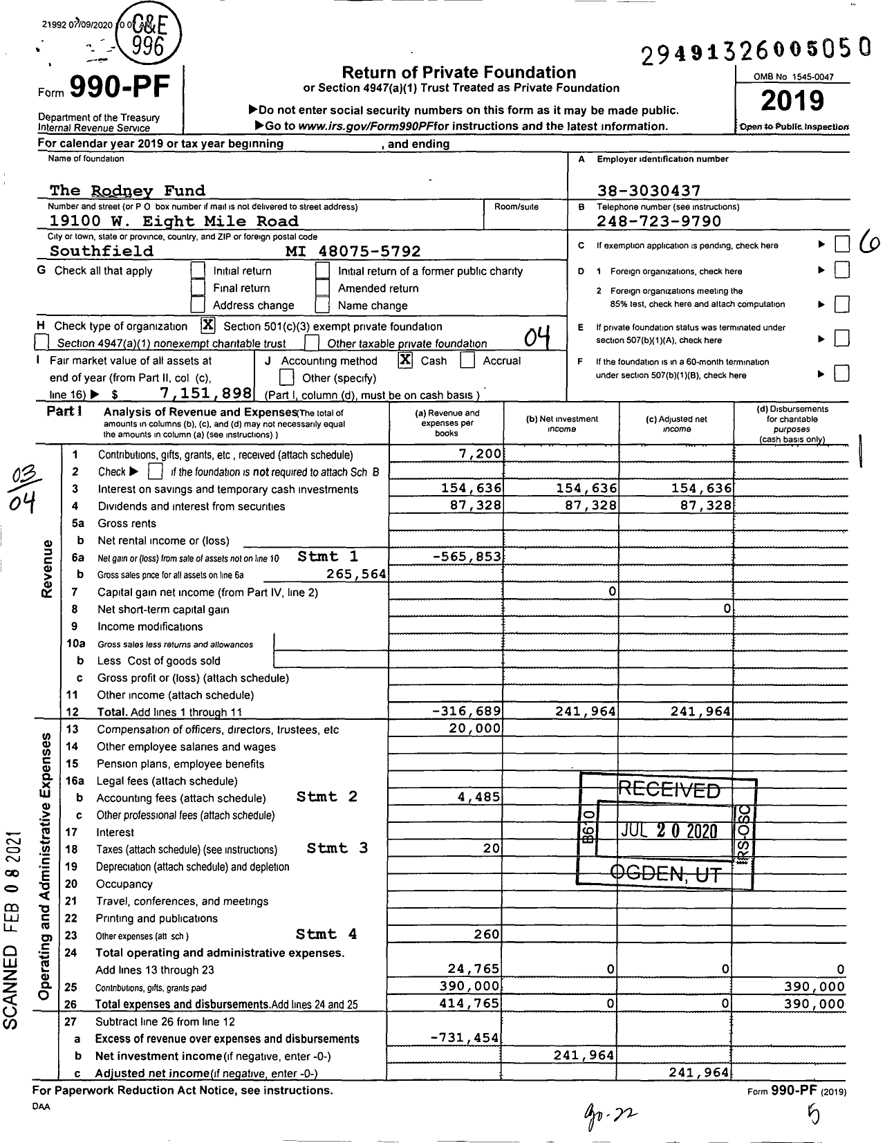 Image of first page of 2019 Form 990PF for The Rodney Fund