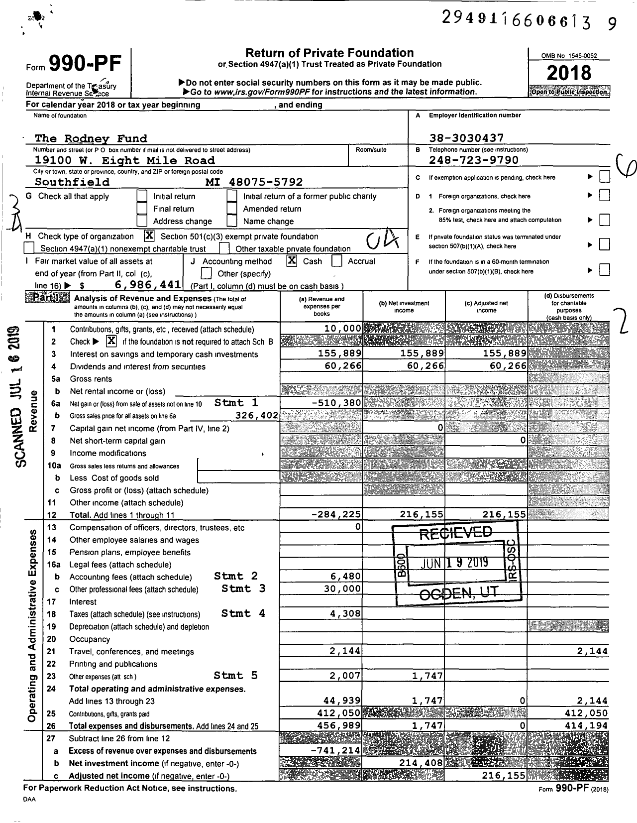 Image of first page of 2018 Form 990PF for The Rodney Fund