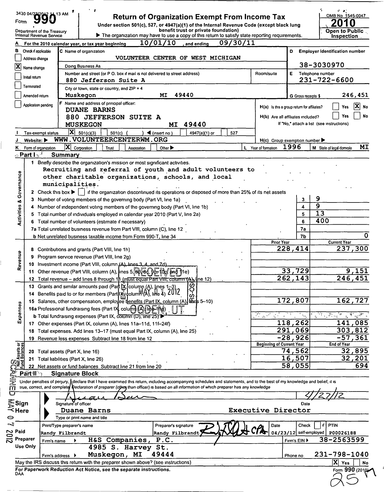 Image of first page of 2010 Form 990 for Volunteer Center of West Michigan