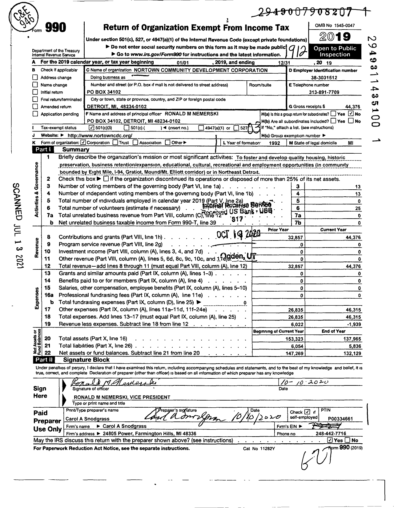 Image of first page of 2019 Form 990 for Nortown Community Development Corporation