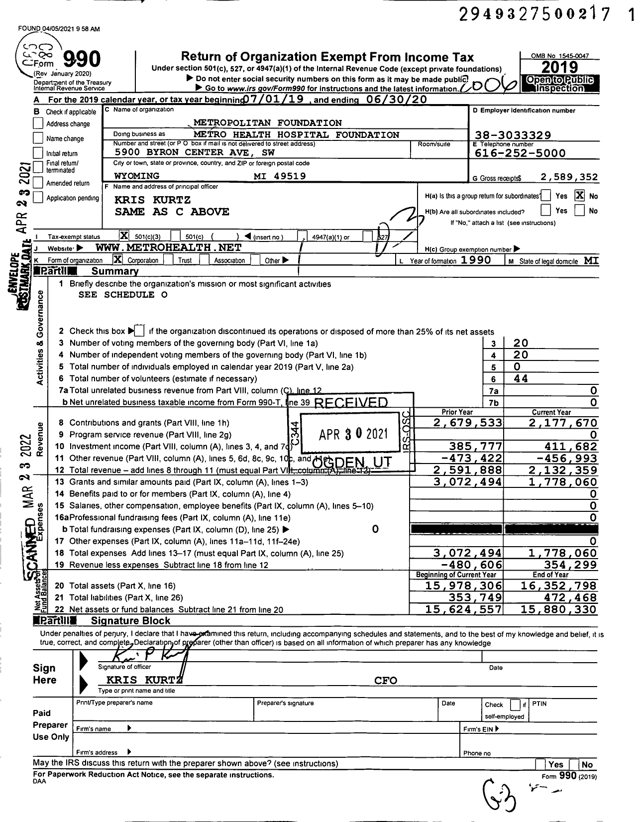 Image of first page of 2019 Form 990 for Metropolitan Health Hospital Foundation