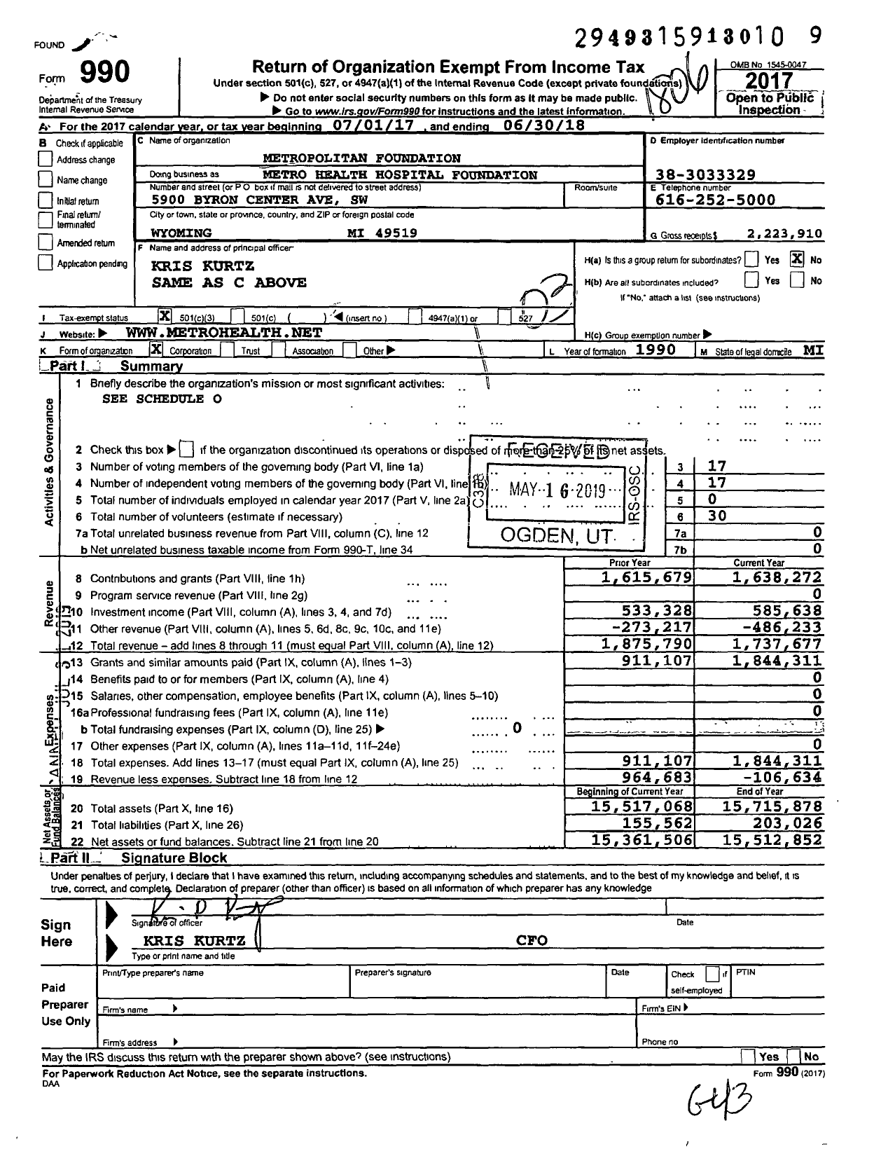Image of first page of 2017 Form 990 for Metropolitan Health Hospital Foundation