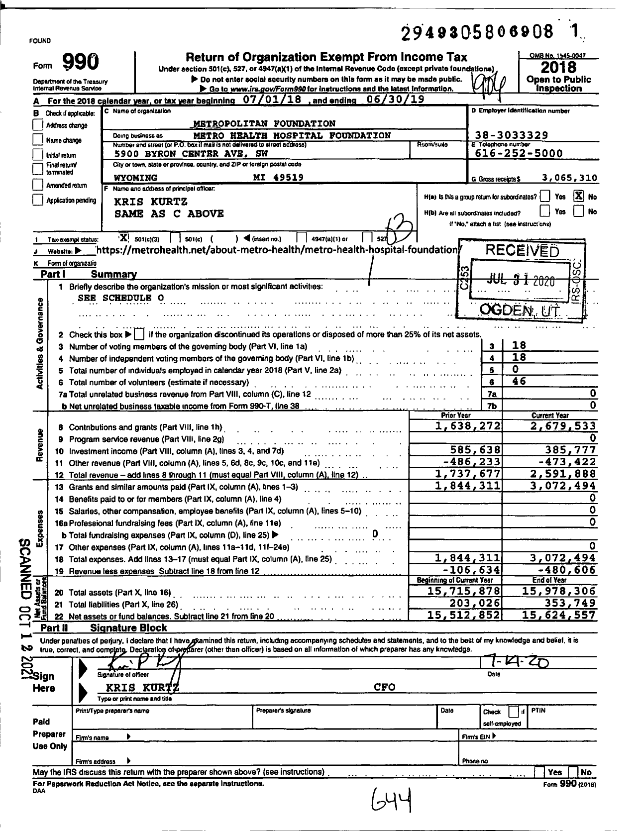 Image of first page of 2018 Form 990 for Metropolitan Health Hospital Foundation