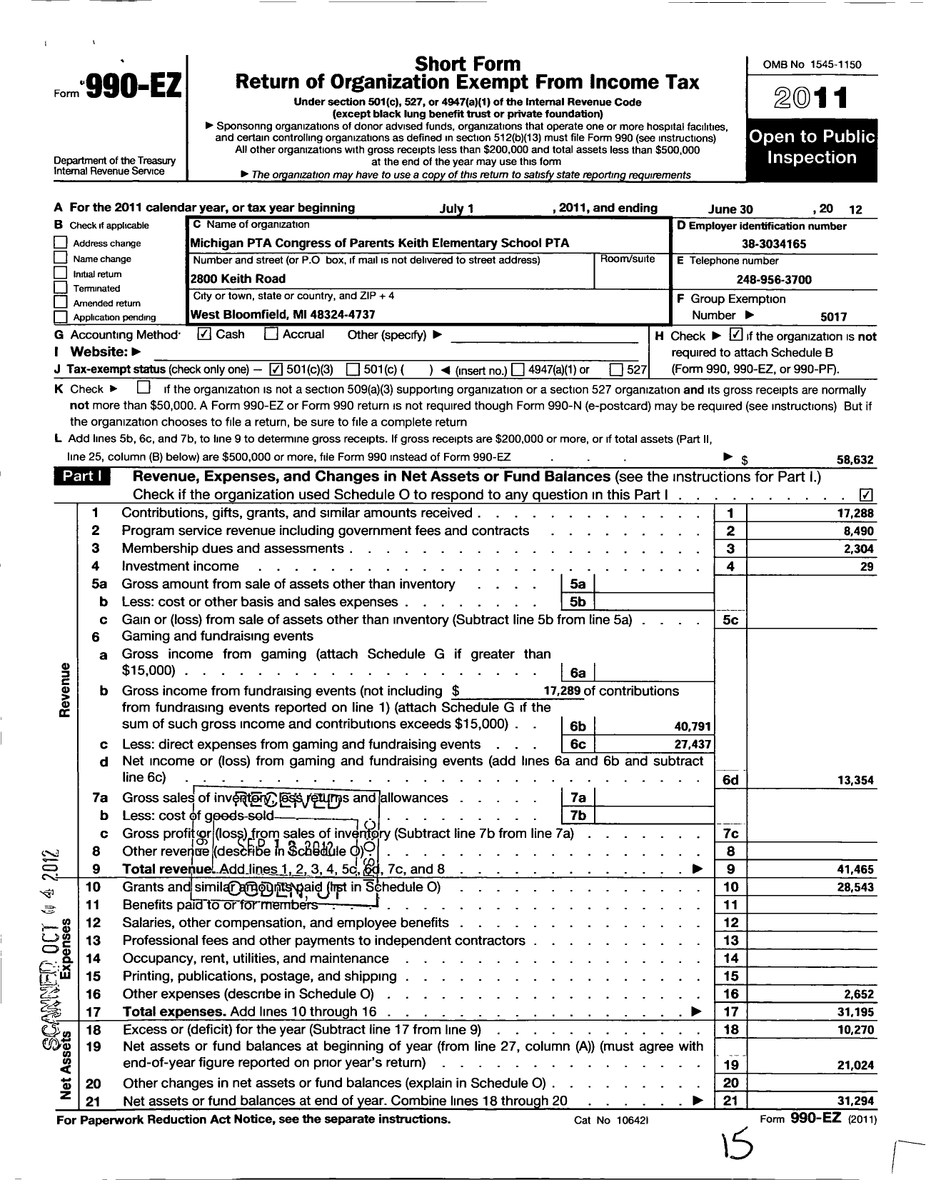 Image of first page of 2011 Form 990EZ for Ptsa Michigan Congress of Parents Teachers and Students / Keith Elementary School PTA