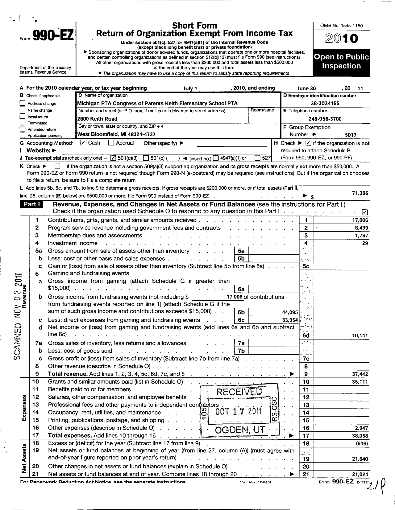 Image of first page of 2010 Form 990EZ for Ptsa Michigan Congress of Parents Teachers and Students / Keith Elementary School PTA