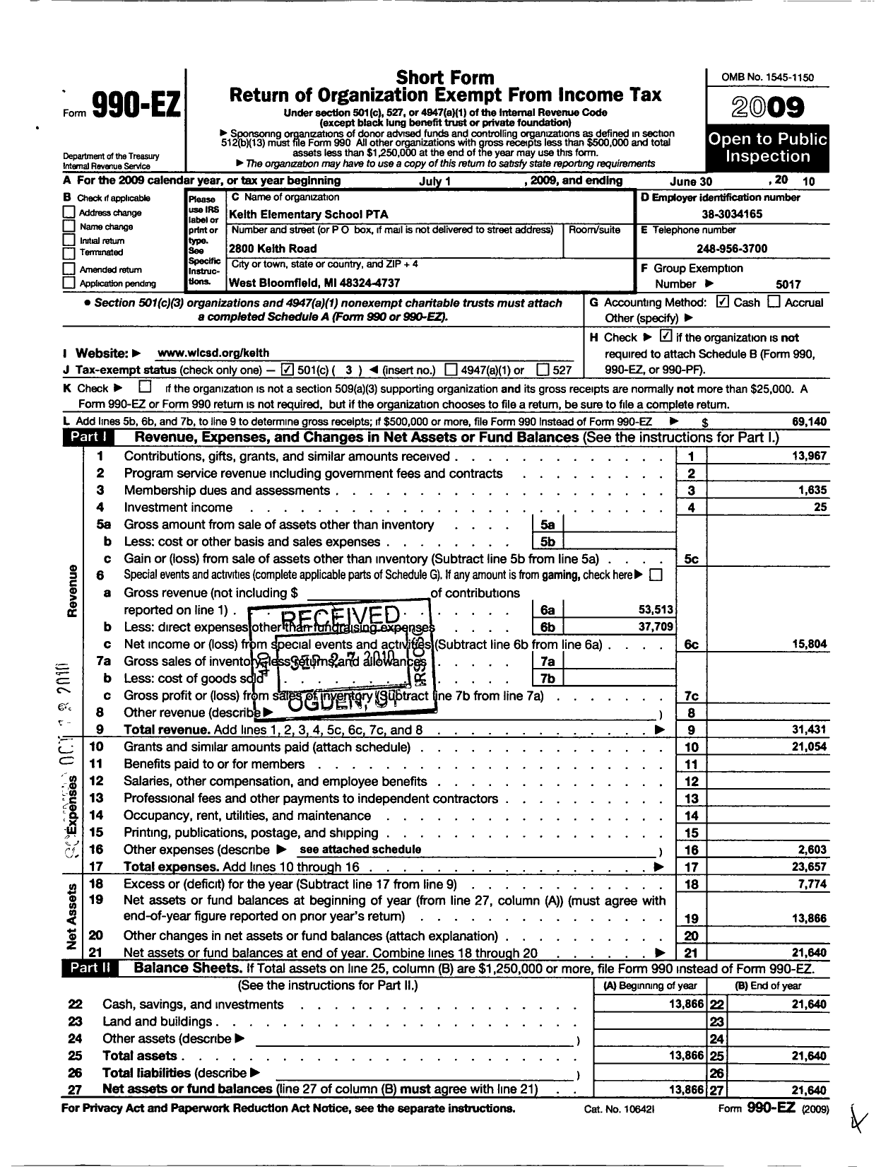 Image of first page of 2009 Form 990EZ for Ptsa Michigan Congress of Parents Teachers and Students / Keith Elementary School PTA