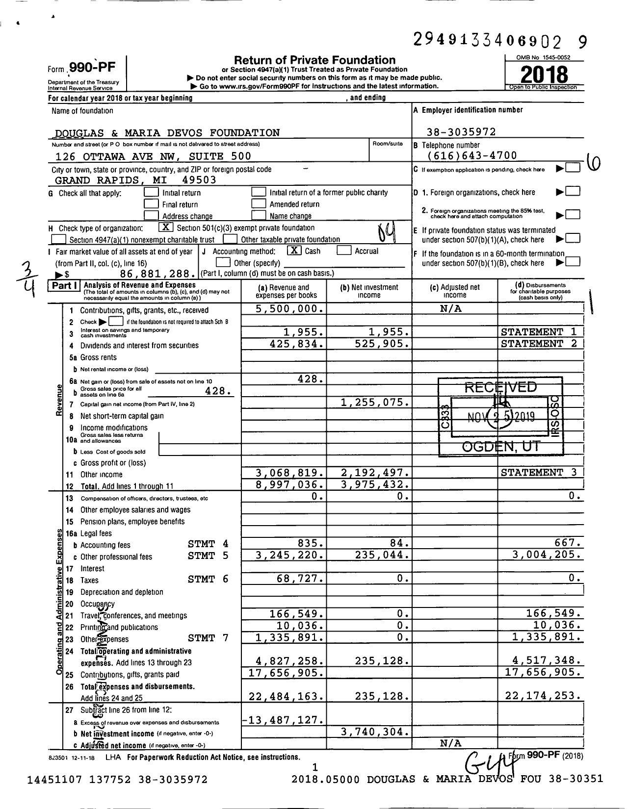 Image of first page of 2018 Form 990PF for Douglas and Maria Devos Foundation