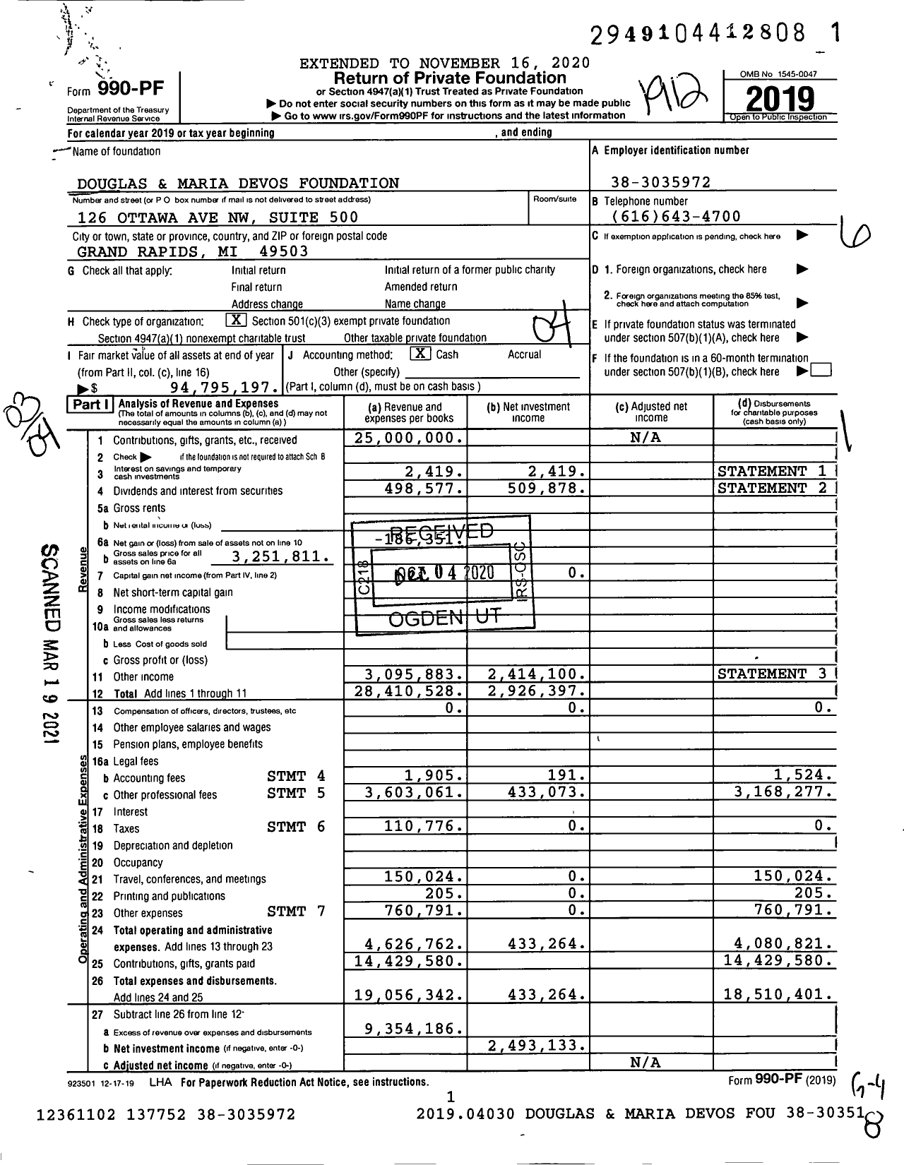 Image of first page of 2019 Form 990PF for Douglas and Maria Devos Foundation
