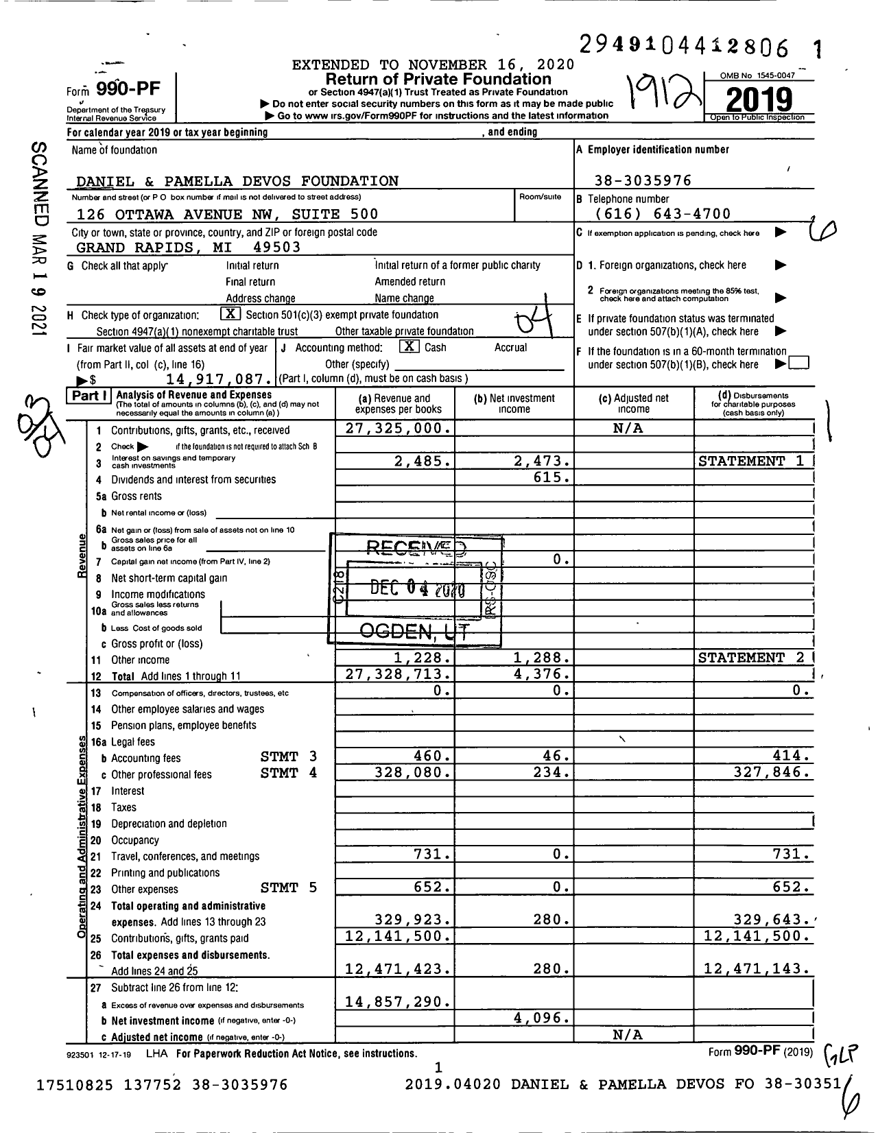 Image of first page of 2019 Form 990PF for Daniel and Pamella Devos Foundation