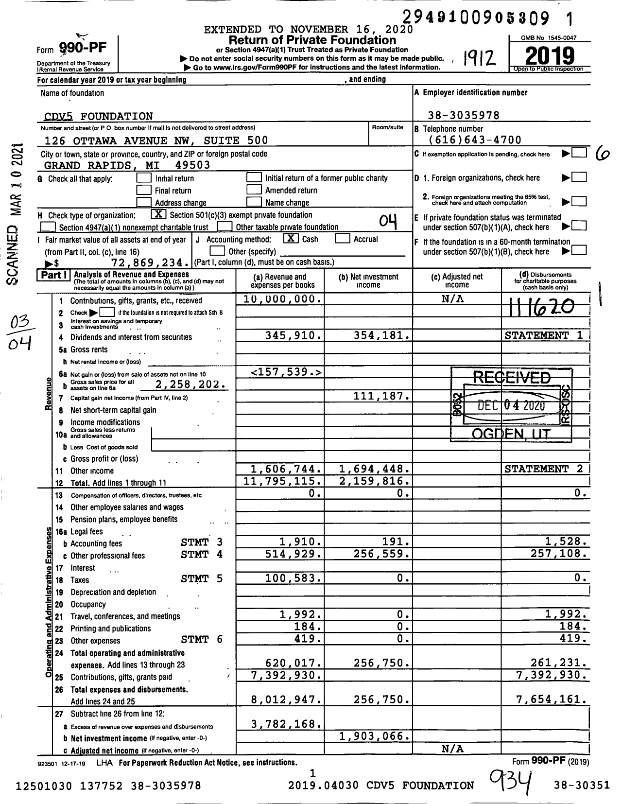 Image of first page of 2019 Form 990PF for CDV5 Foundation