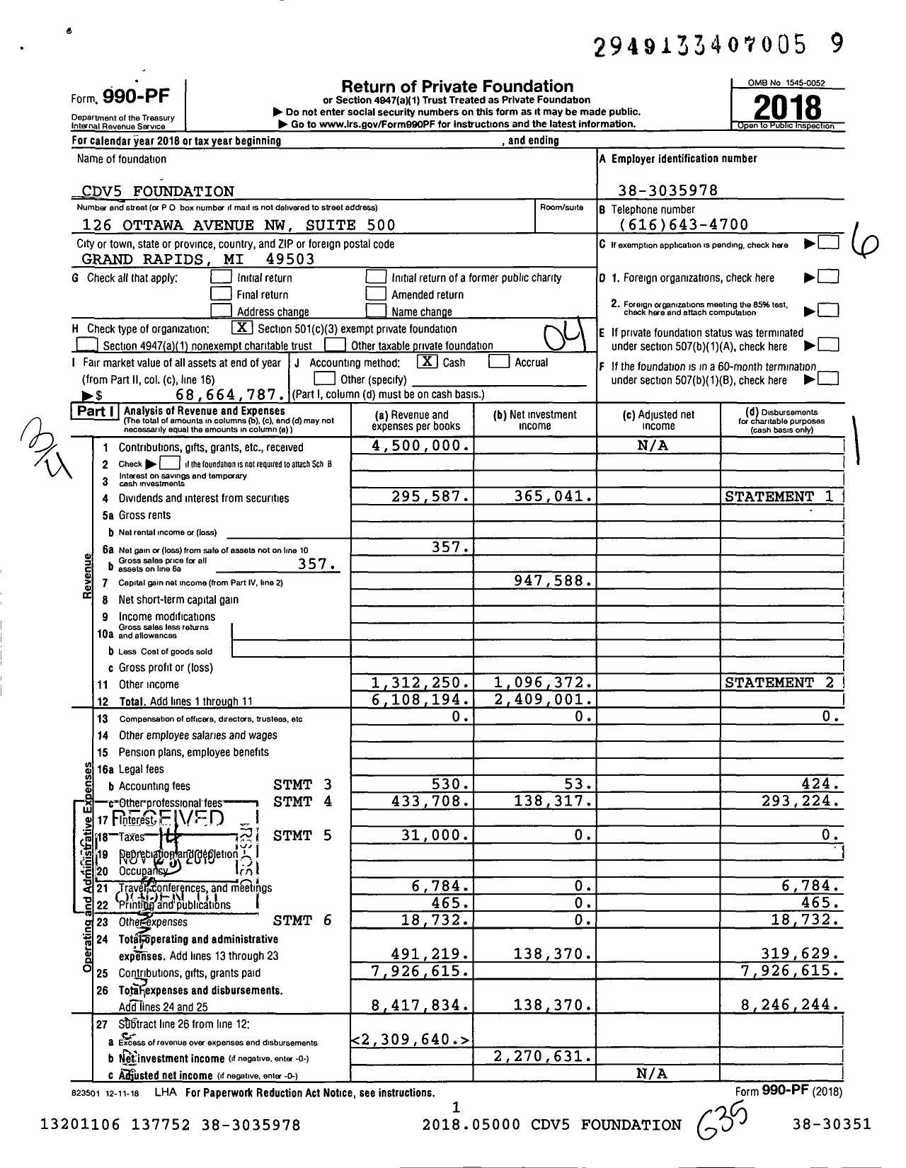 Image of first page of 2018 Form 990PF for CDV5 Foundation