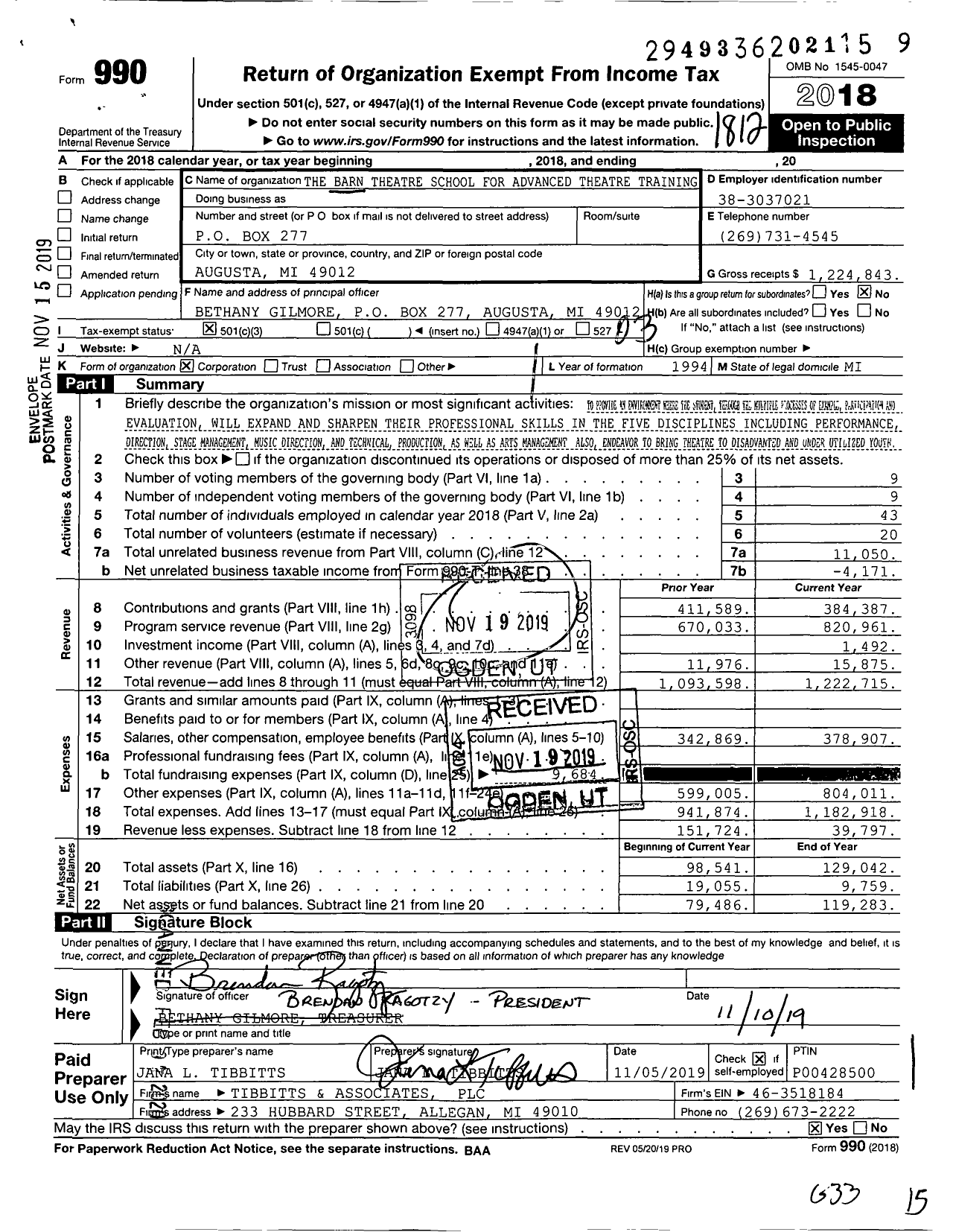 Image of first page of 2018 Form 990 for The Barn Theatre School for Advanced Theatre Training