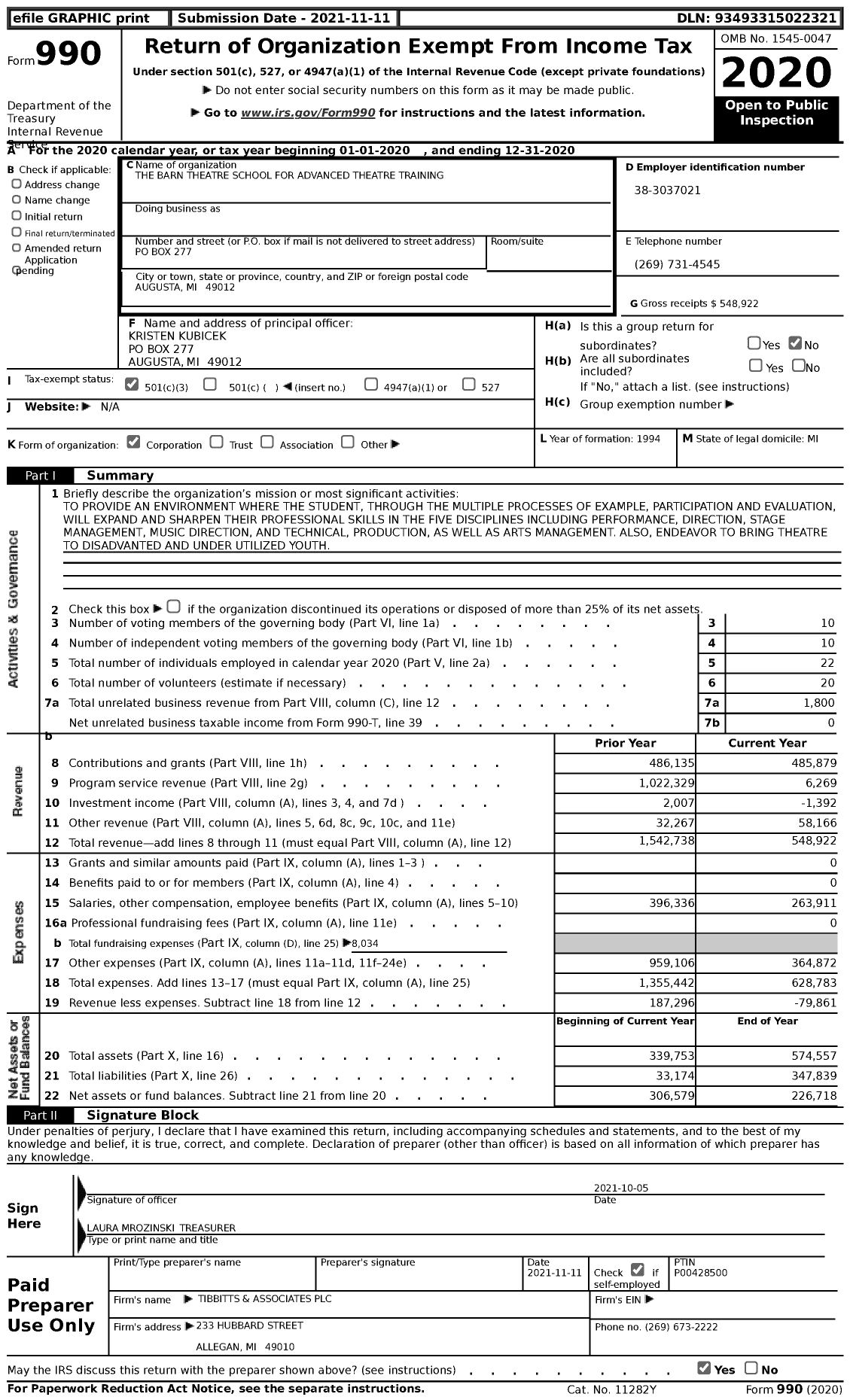 Image of first page of 2020 Form 990 for The Barn Theatre School for Advanced Theatre Training