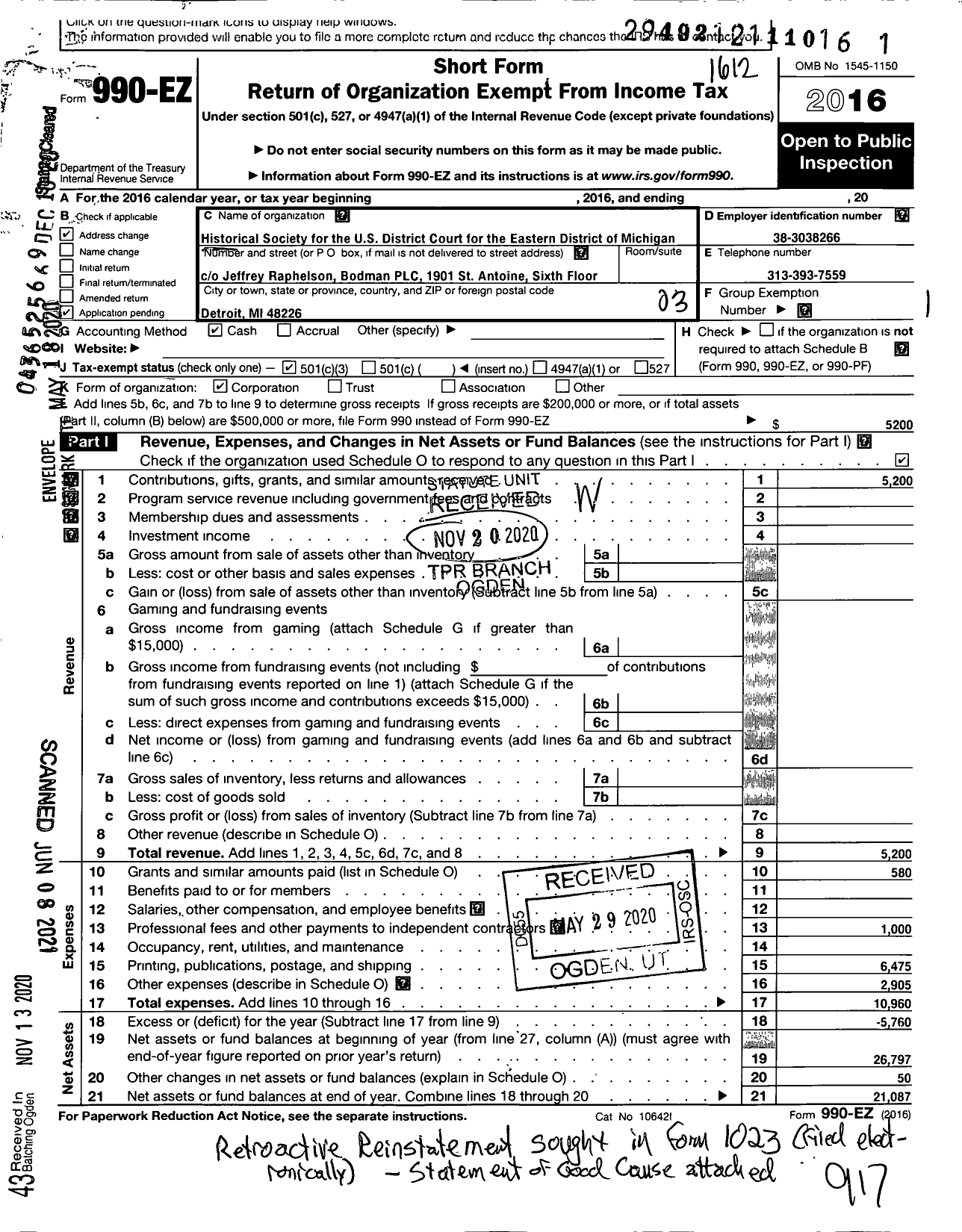 Image of first page of 2016 Form 990EZ for Historical Society for the United States District Court for the