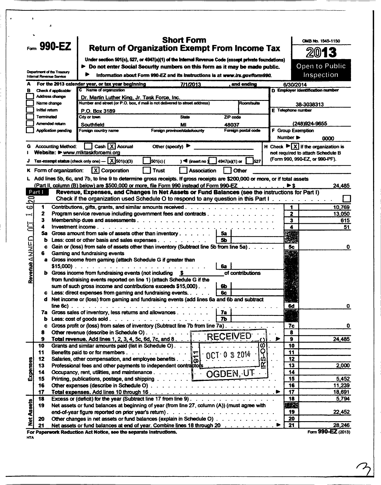 Image of first page of 2013 Form 990EZ for Dr Martin Luther King JR Task Force