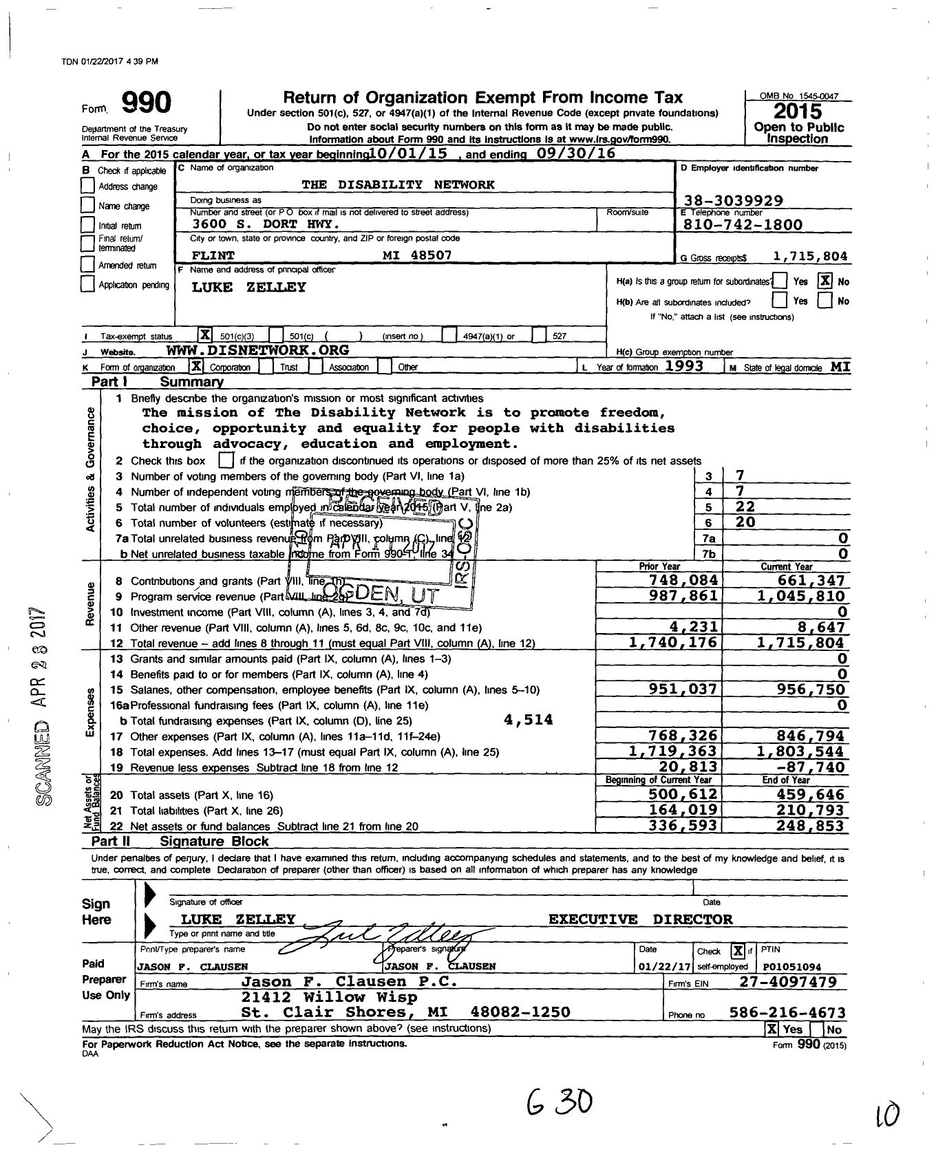Image of first page of 2015 Form 990 for Disability Network