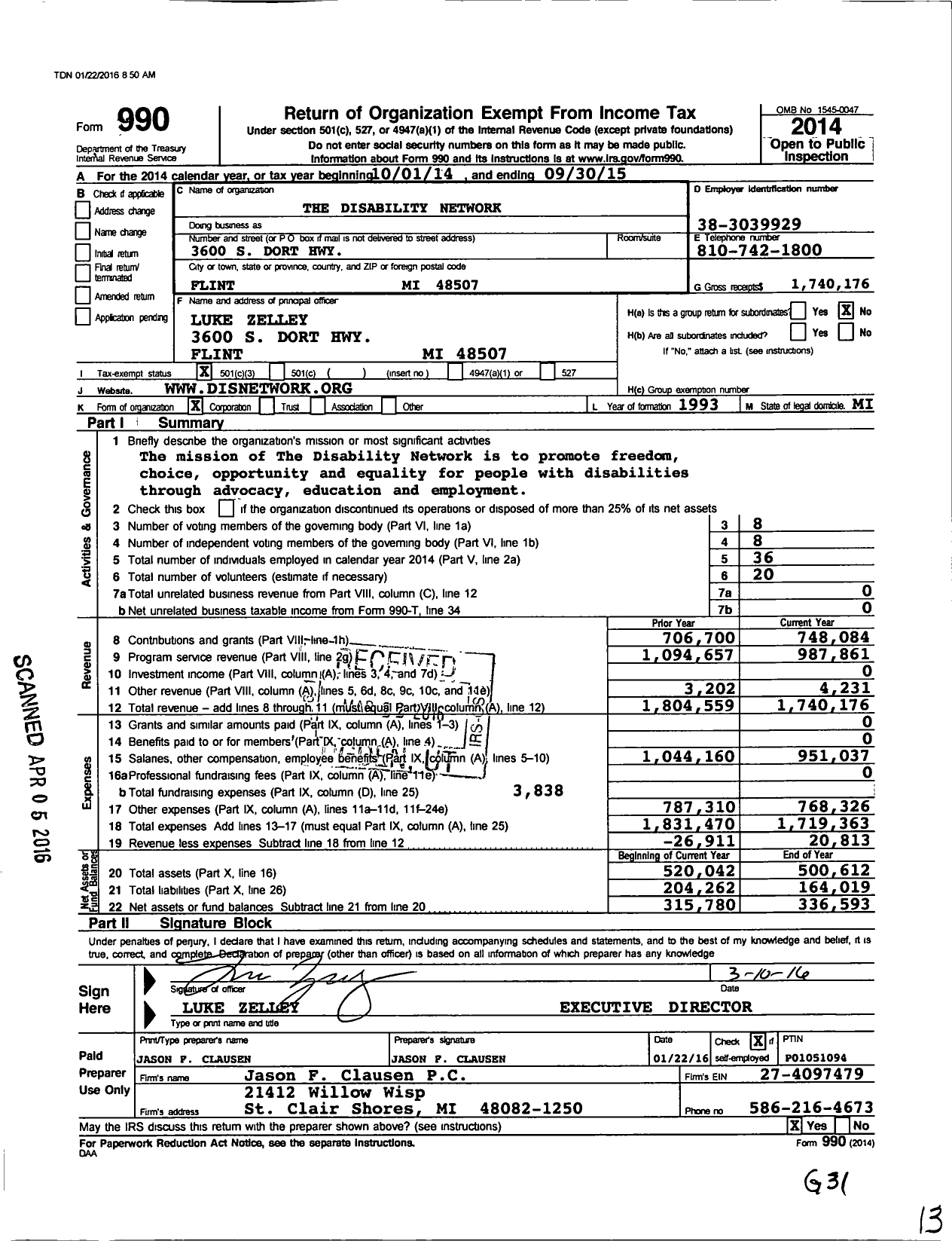 Image of first page of 2014 Form 990 for Disability Network