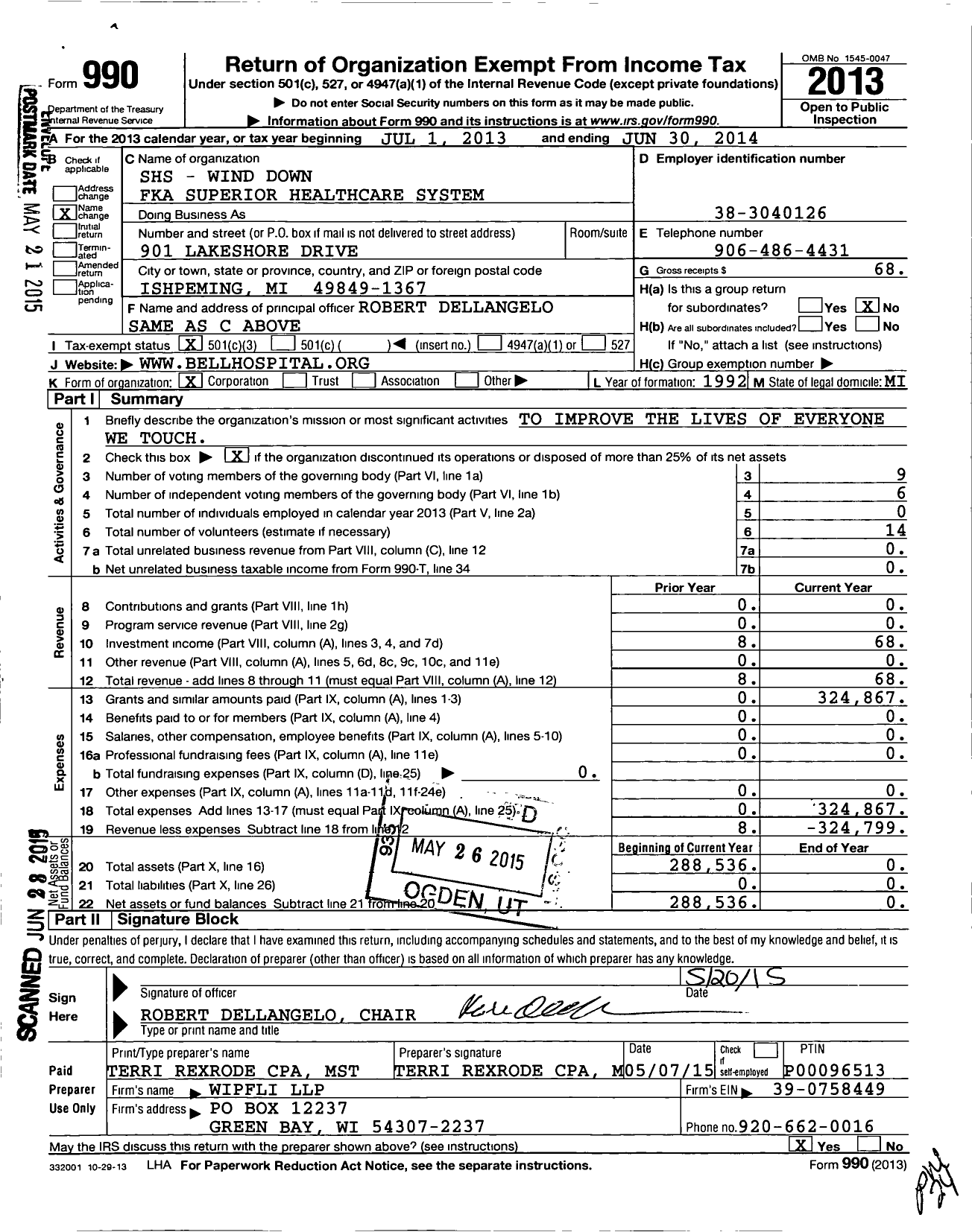 Image of first page of 2013 Form 990 for SHS - Wind Down