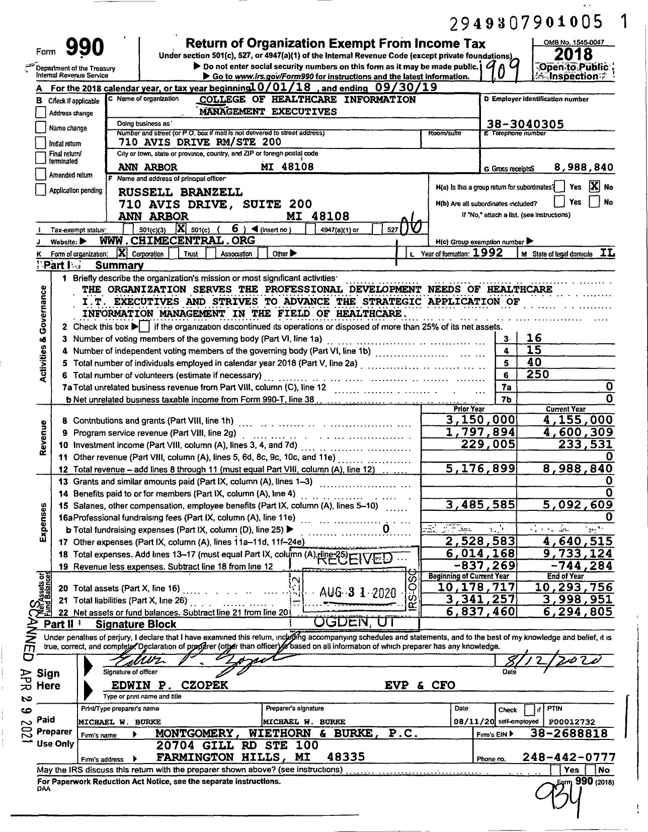 Image of first page of 2018 Form 990O for College for Healthcare Information Management Executives (CHIME)