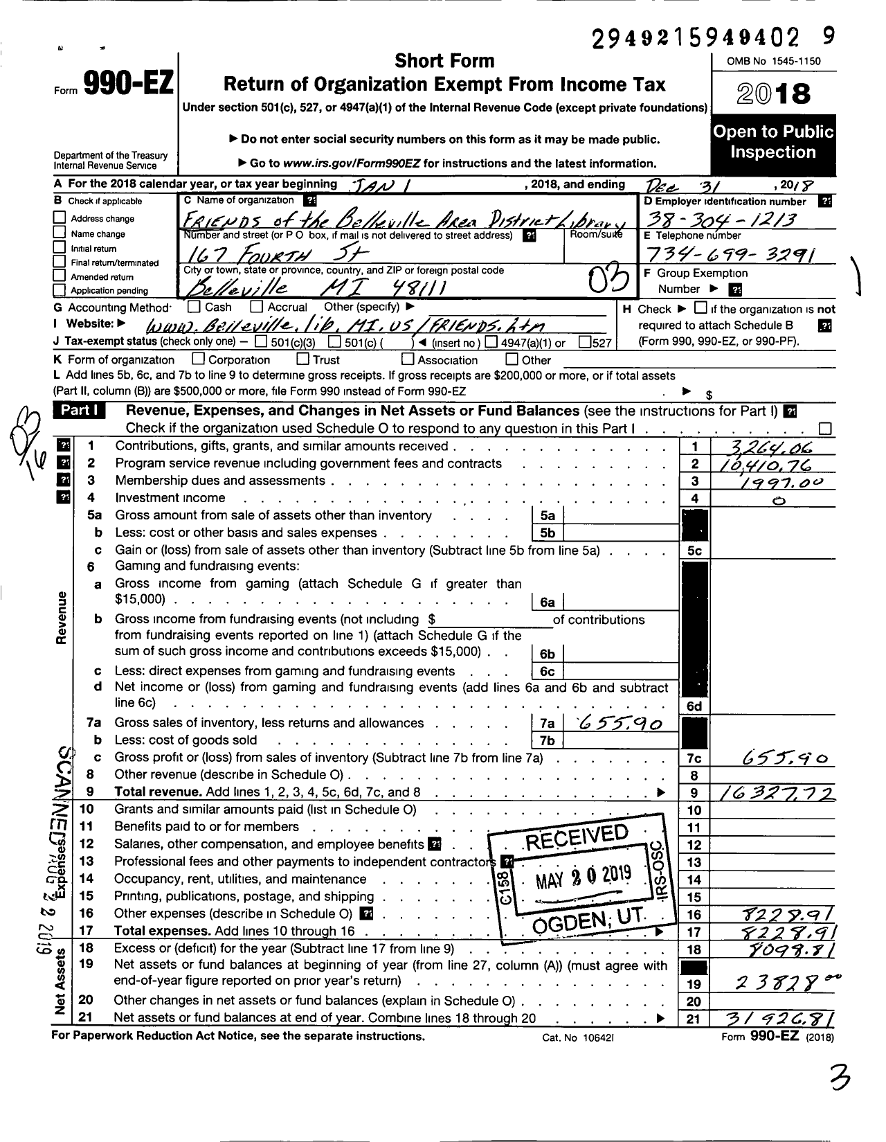 Image of first page of 2018 Form 990EZ for Friends of the Belleville Area District Library