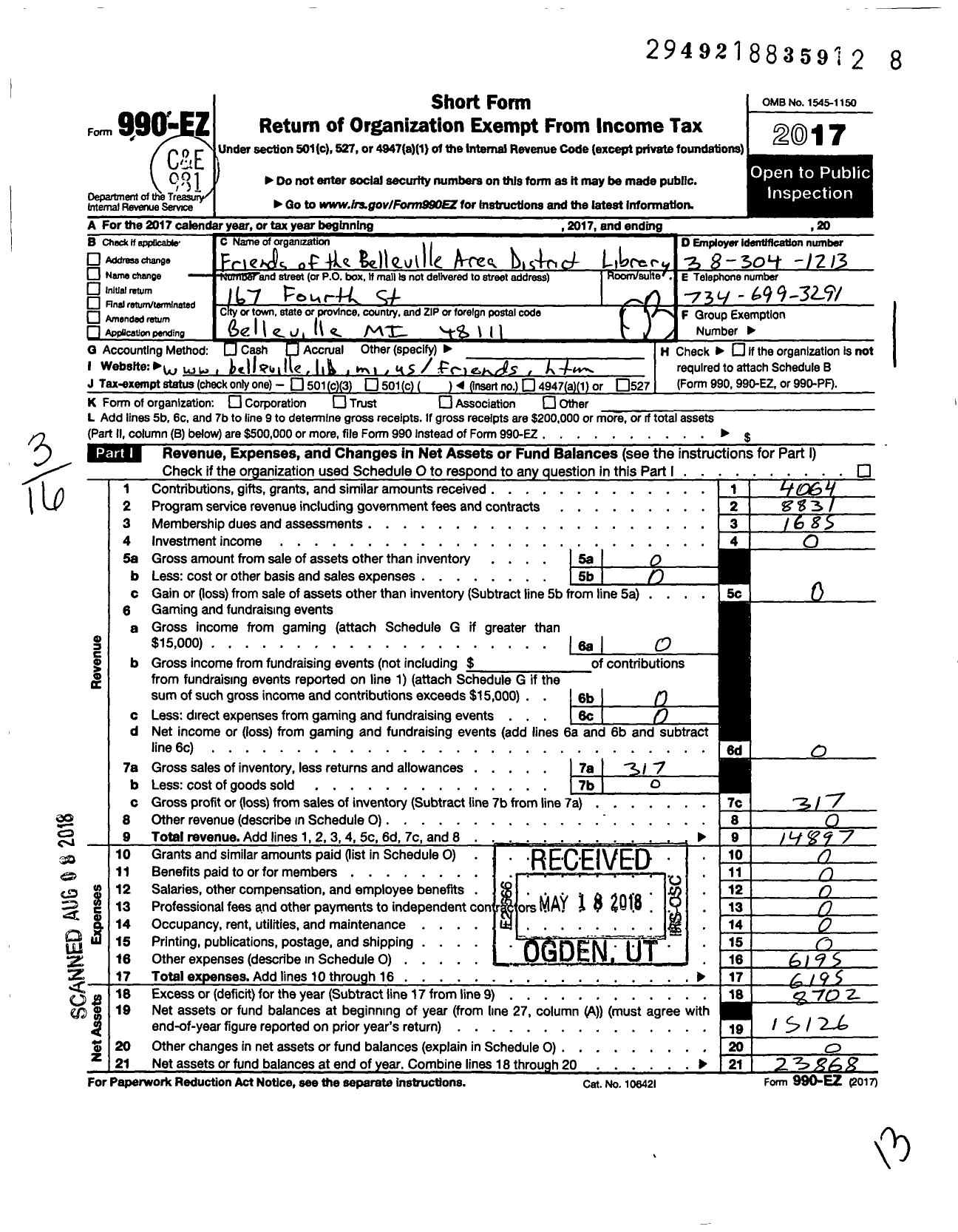 Image of first page of 2017 Form 990EZ for Friends of the Belleville Area District Library