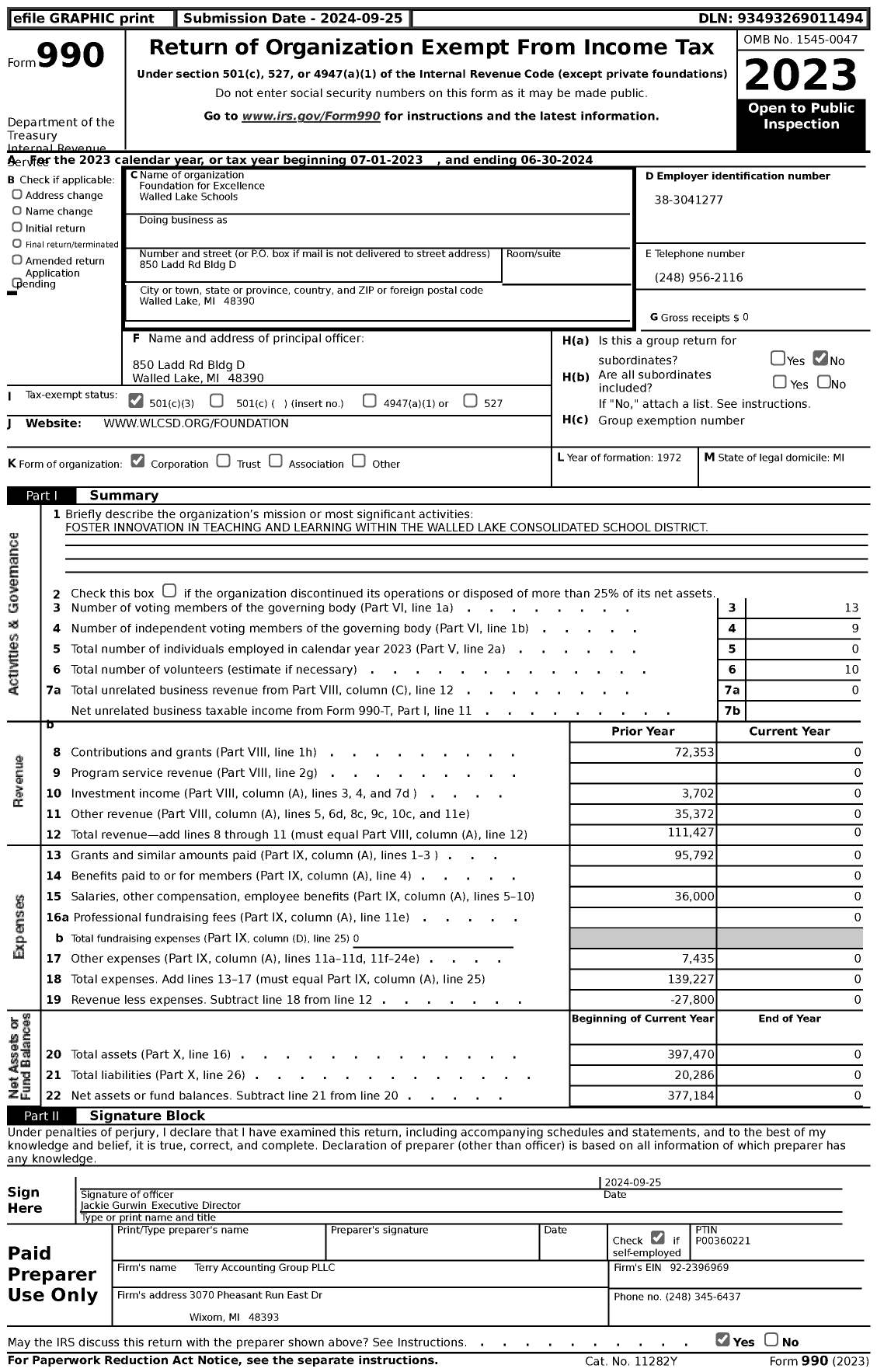 Image of first page of 2023 Form 990 for Foundation for Excellence Walled Lake Schools