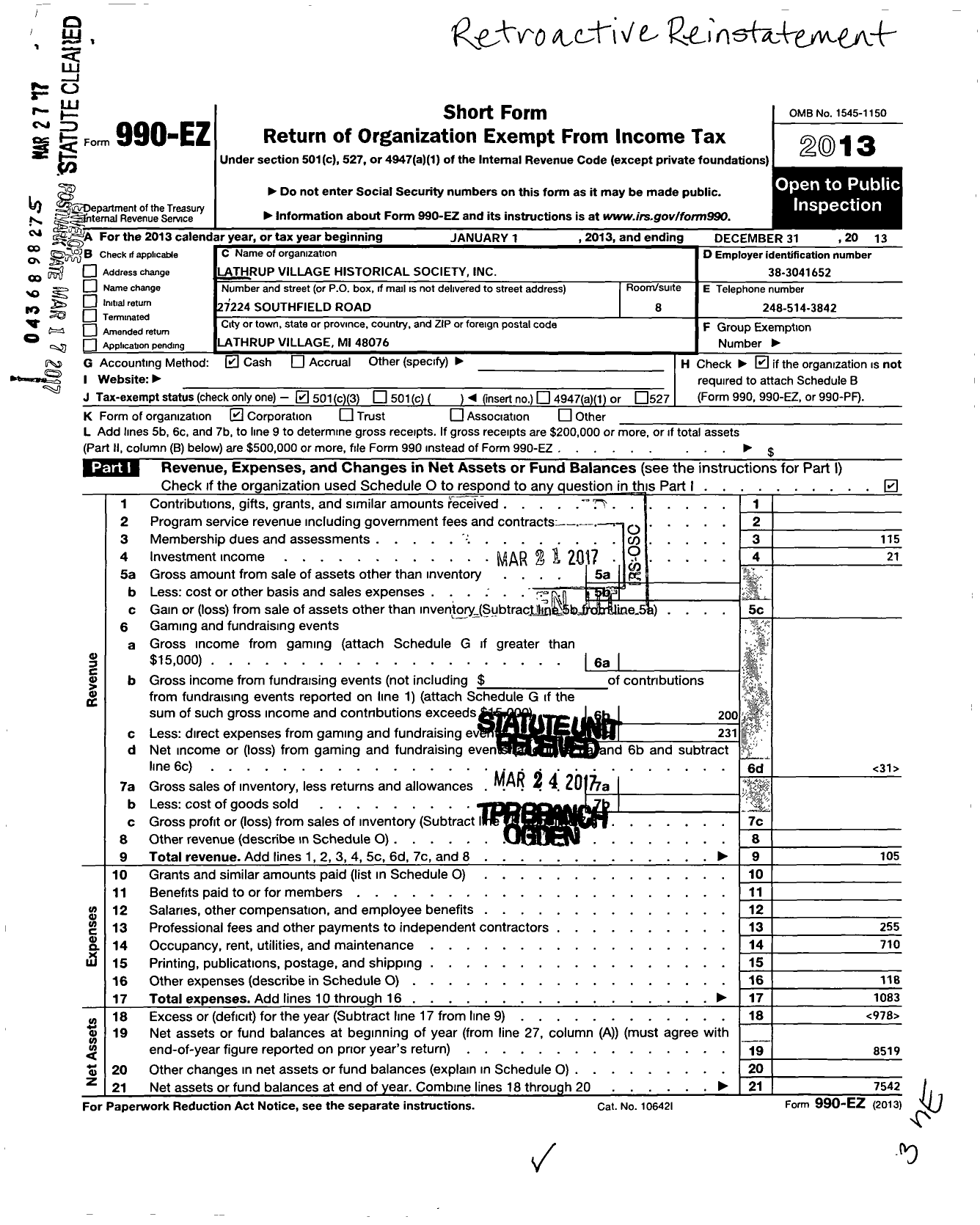 Image of first page of 2013 Form 990EZ for Lathrup Village Historical Society