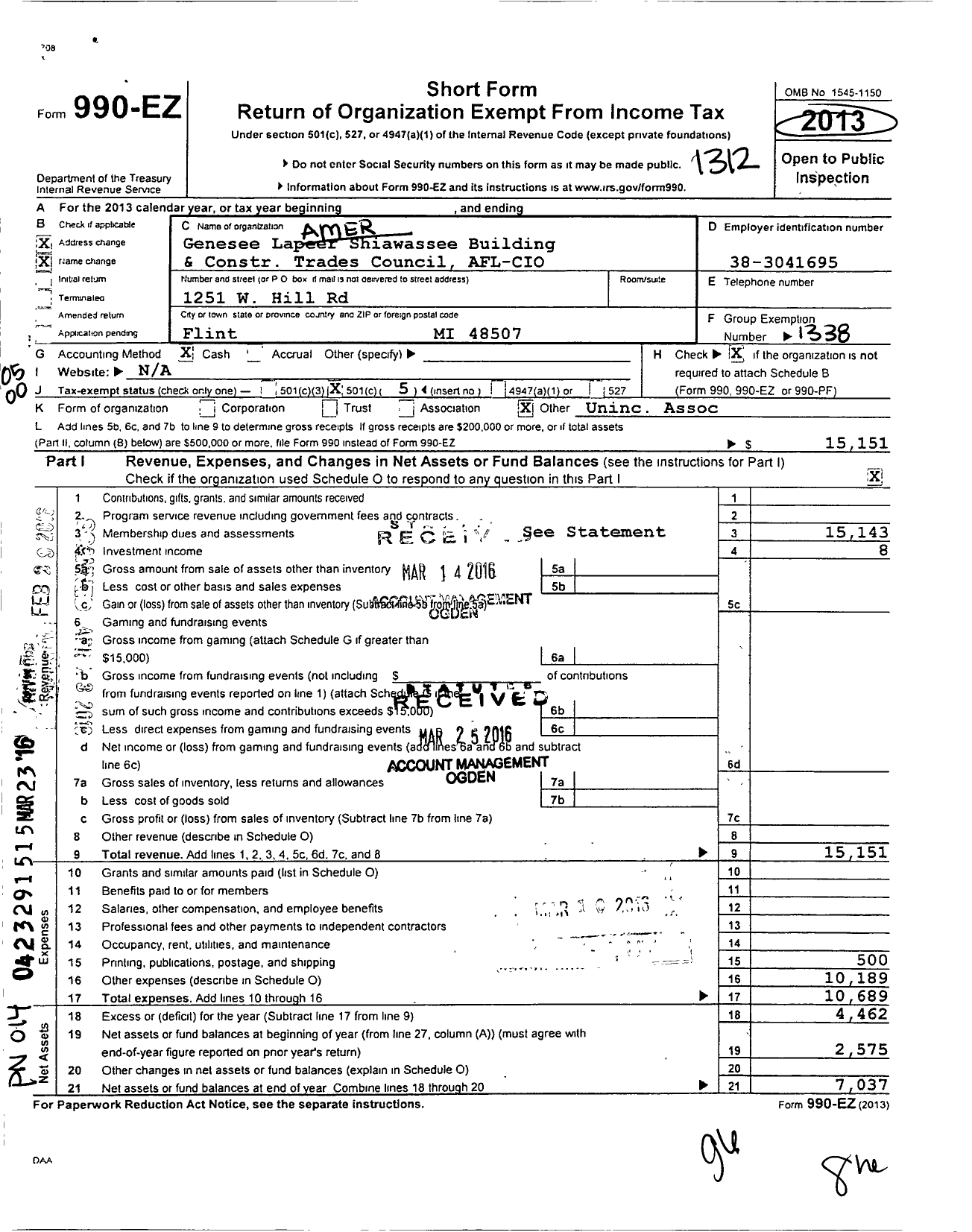 Image of first page of 2013 Form 990EO for Building and Construction Trades Council of GLS and Vicinity