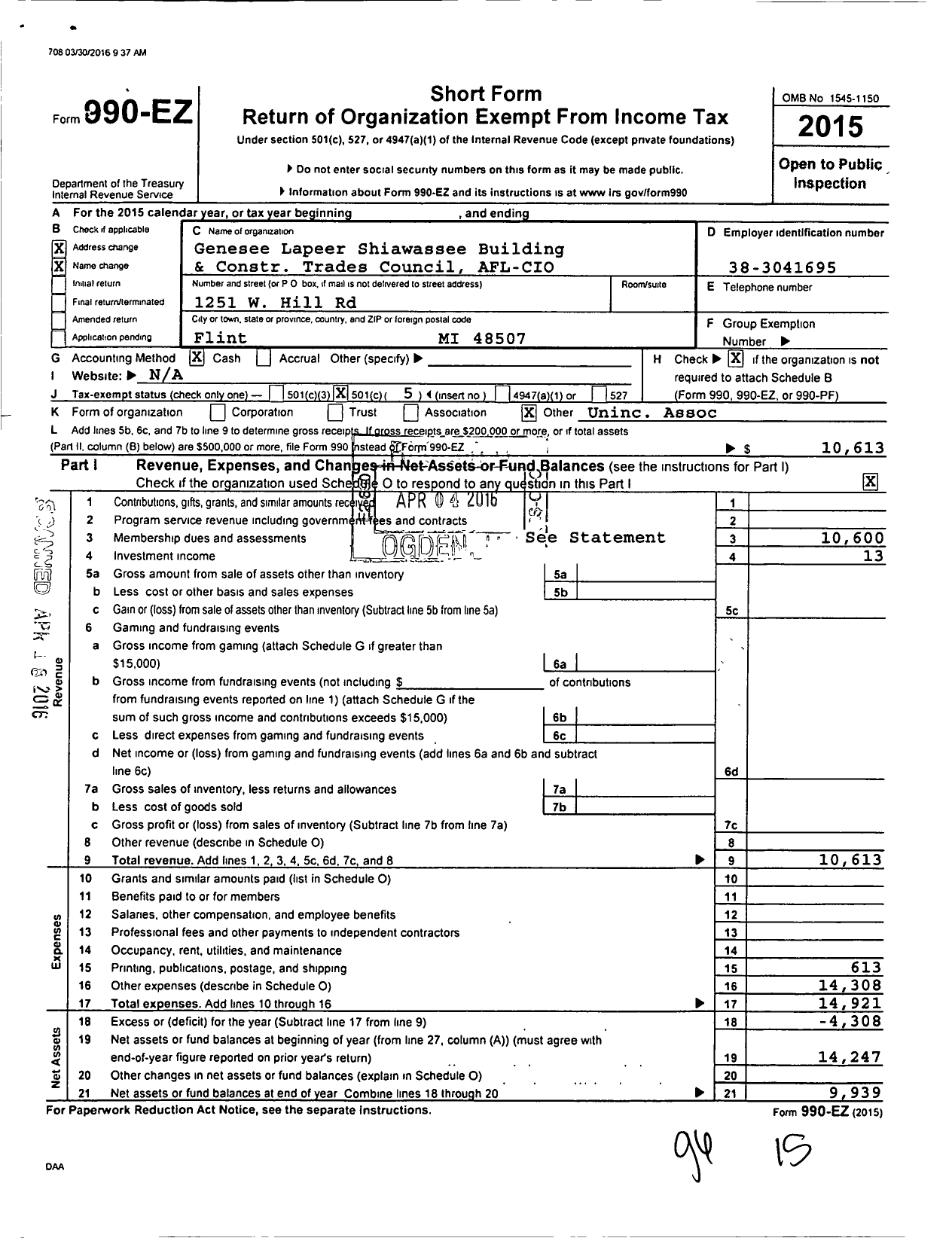 Image of first page of 2015 Form 990EO for Building and Construction Trades Council of GLS and Vicinity