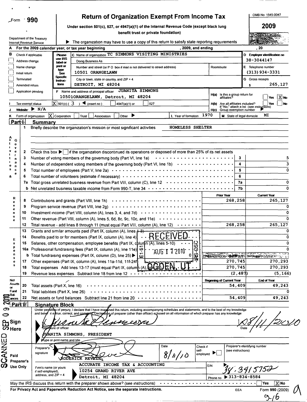 Image of first page of 2009 Form 990 for TC C Simmons Visiting Ministries