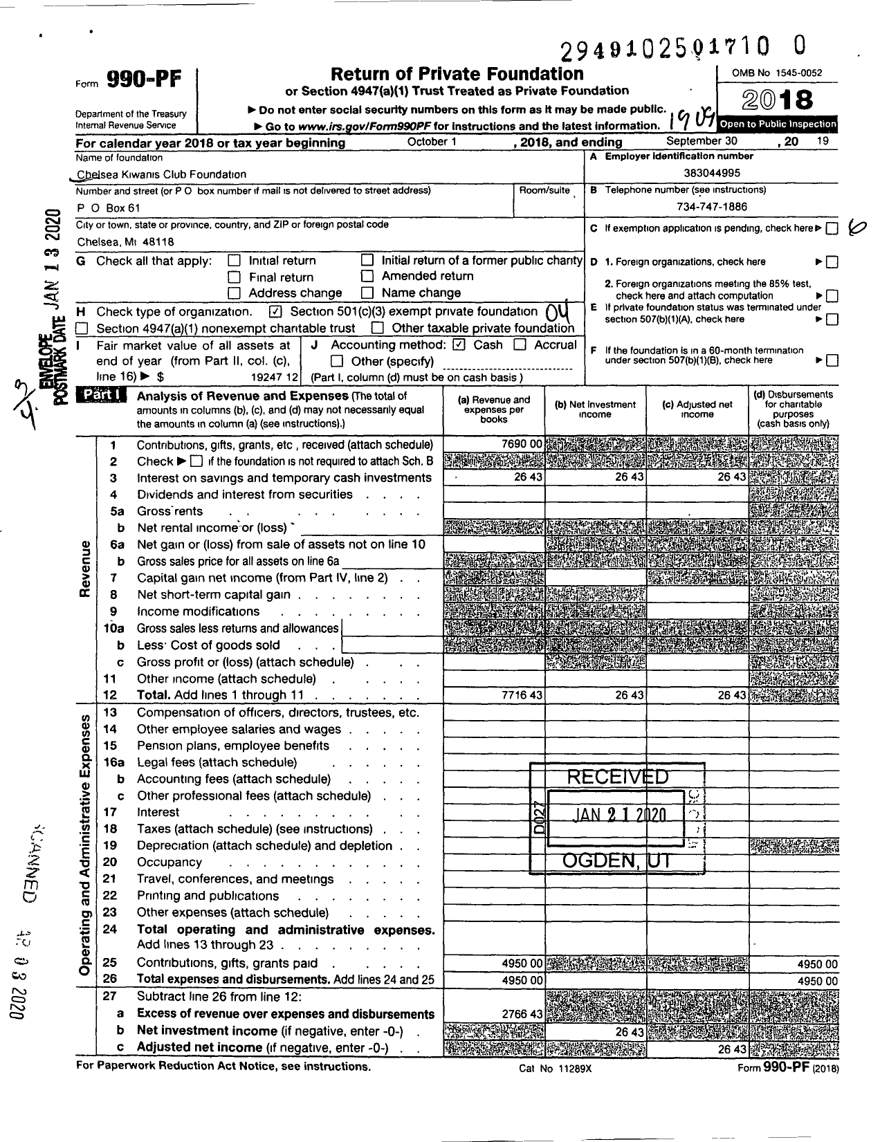 Image of first page of 2018 Form 990PR for Chelsea Kiwanis Club Foundation