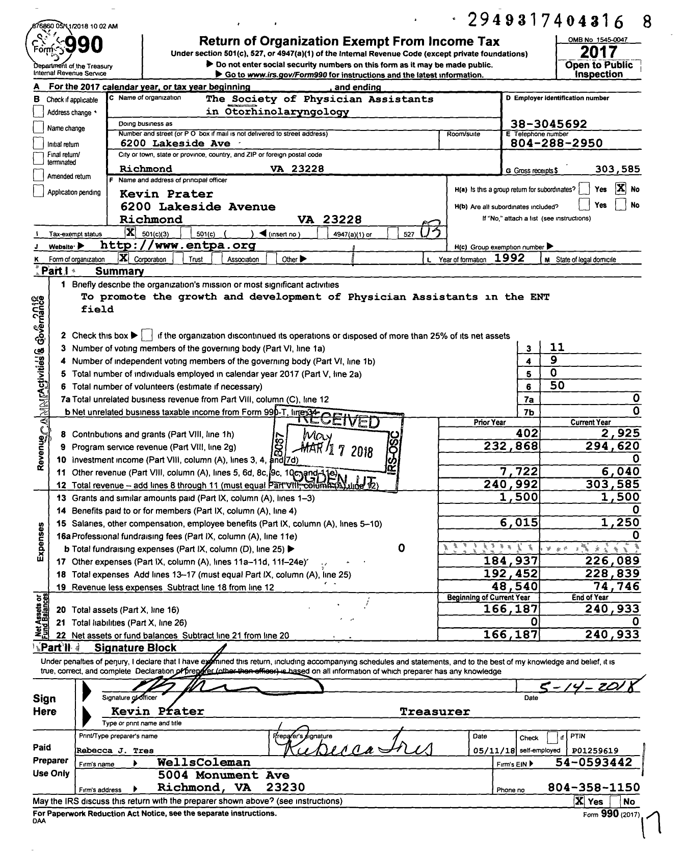 Image of first page of 2017 Form 990 for The Society of Physician Assistants in Otorhinolaryngology