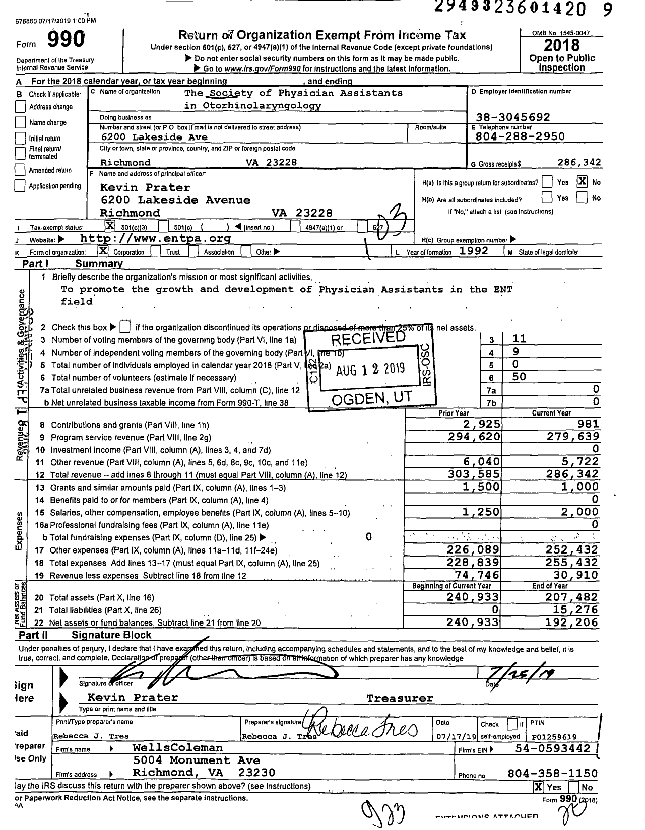 Image of first page of 2018 Form 990 for The Society of Physician Assistants in Otorhinolaryngology