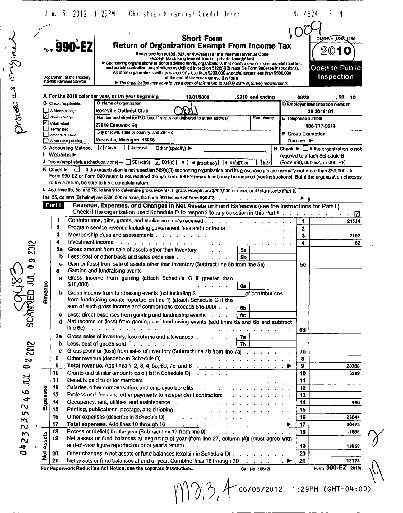 Image of first page of 2009 Form 990EO for Optimist International - 17354 Oc of Roseville Mi