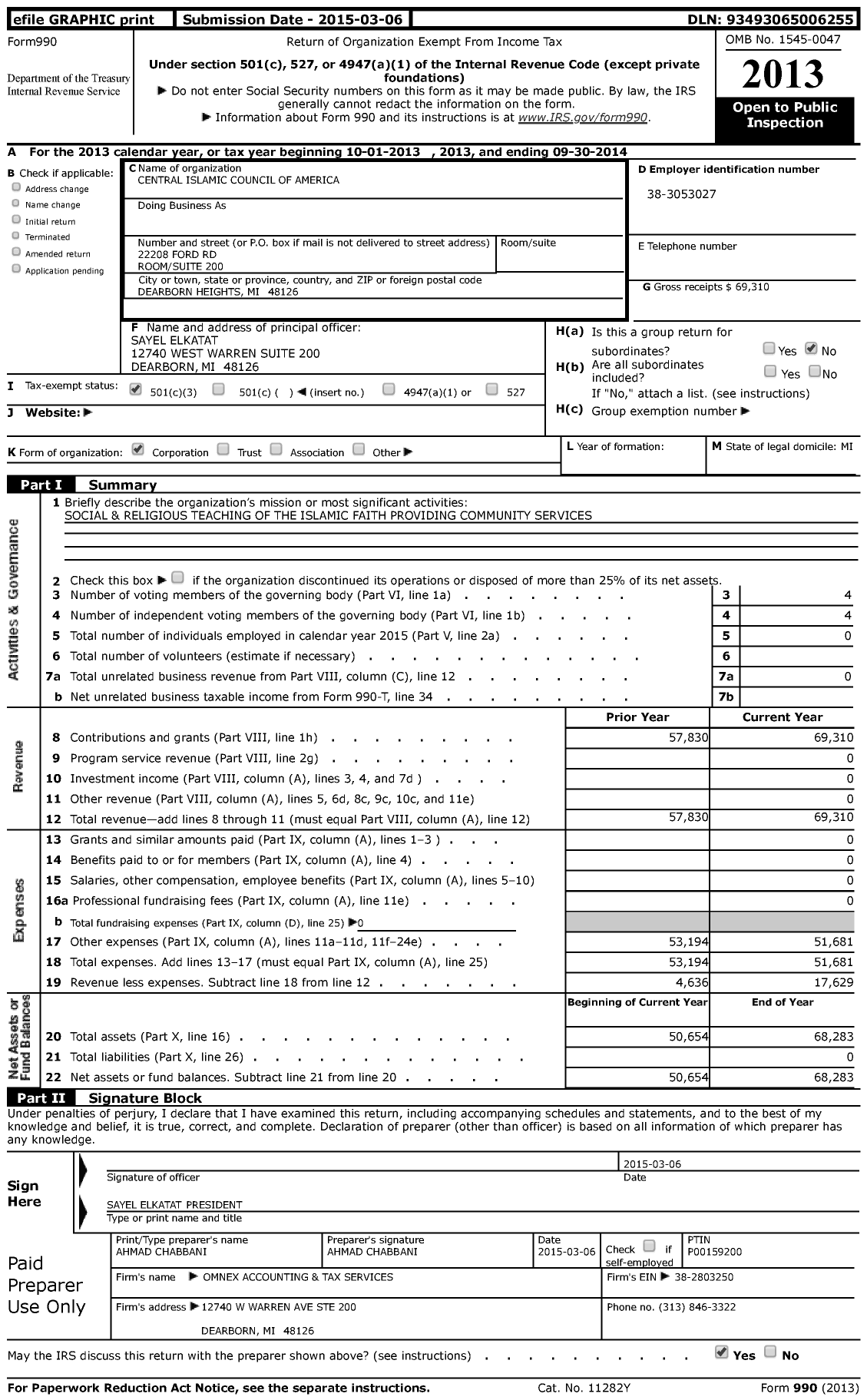 Image of first page of 2013 Form 990 for Central Islamic Council of America