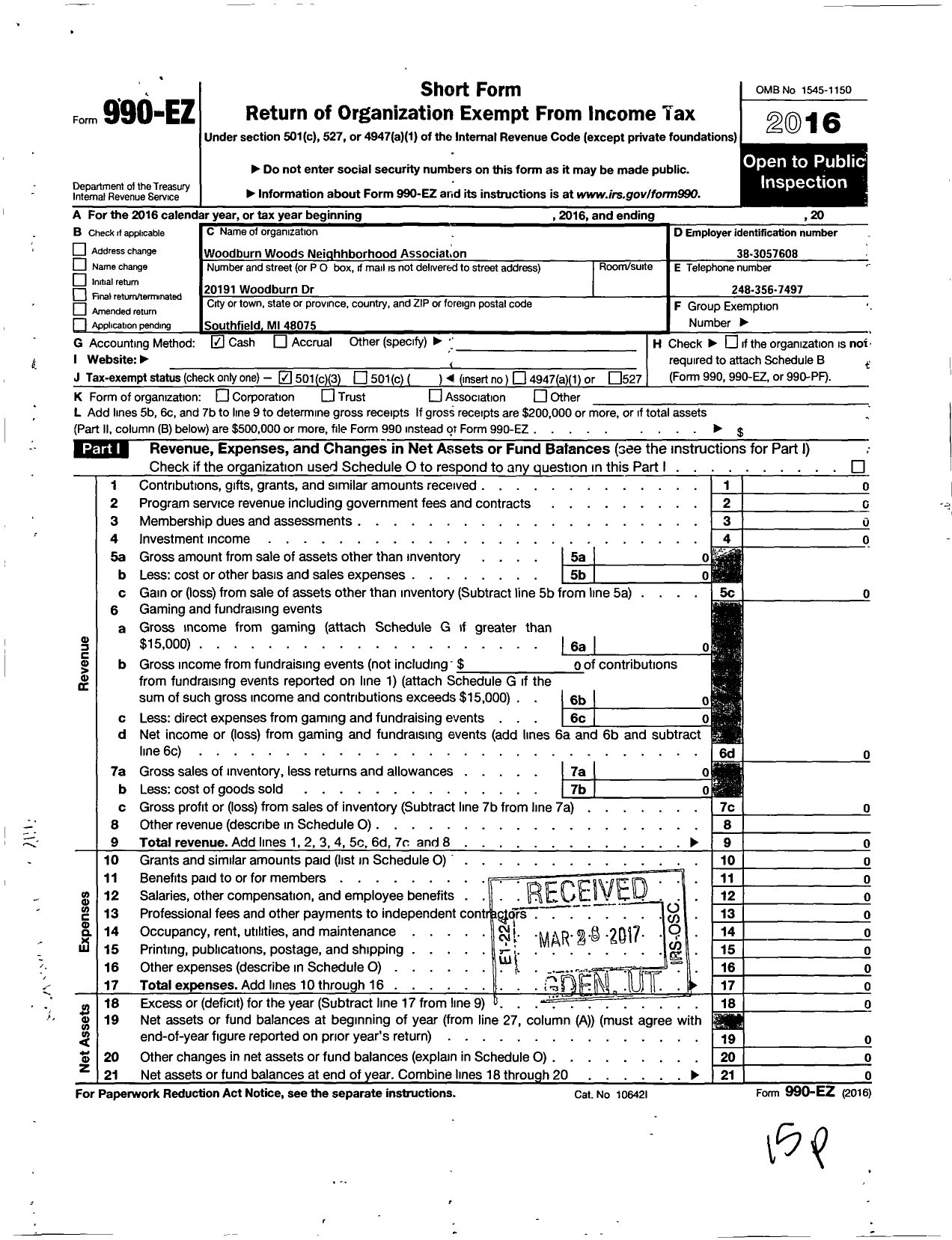 Image of first page of 2016 Form 990EZ for Woodburn Woods Neighborhood Association